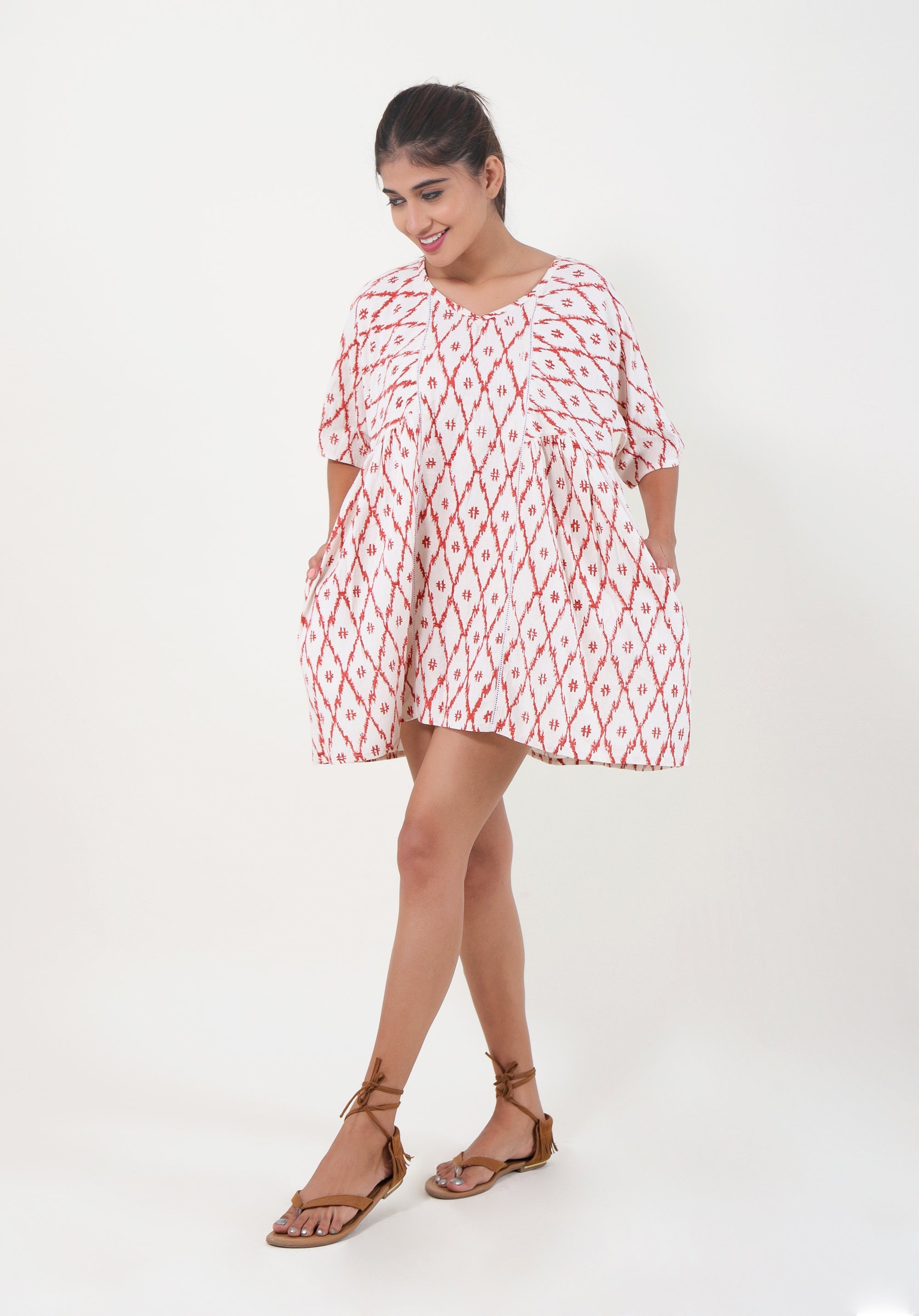 Women Short Linen dress Devi Ikkat Red