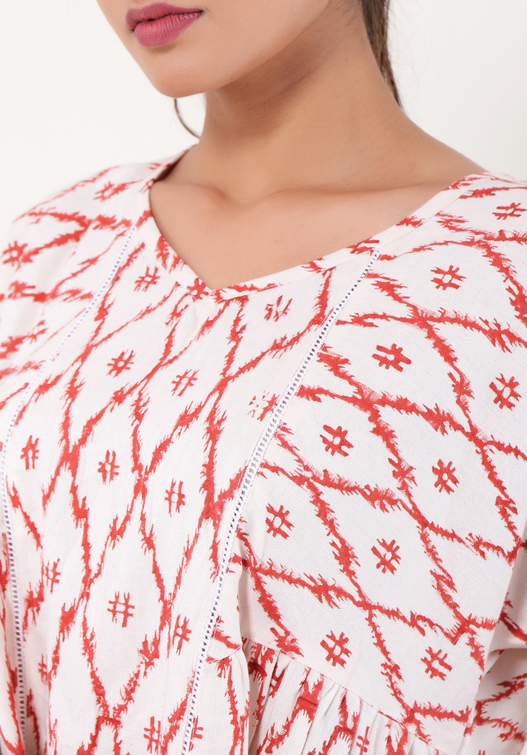 Women Short Linen dress Devi Ikkat Red