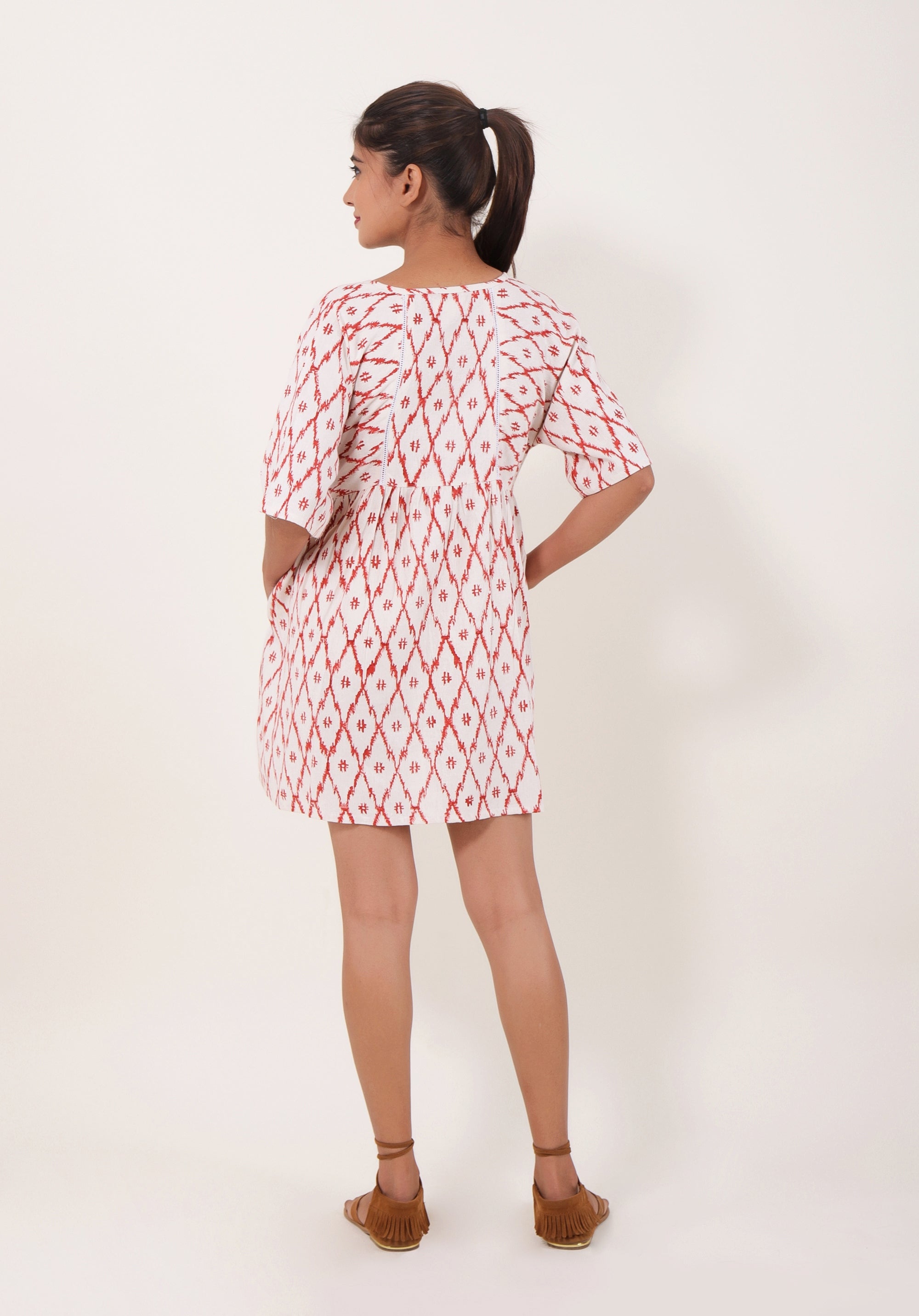 Women Short Linen dress Devi Ikkat Red