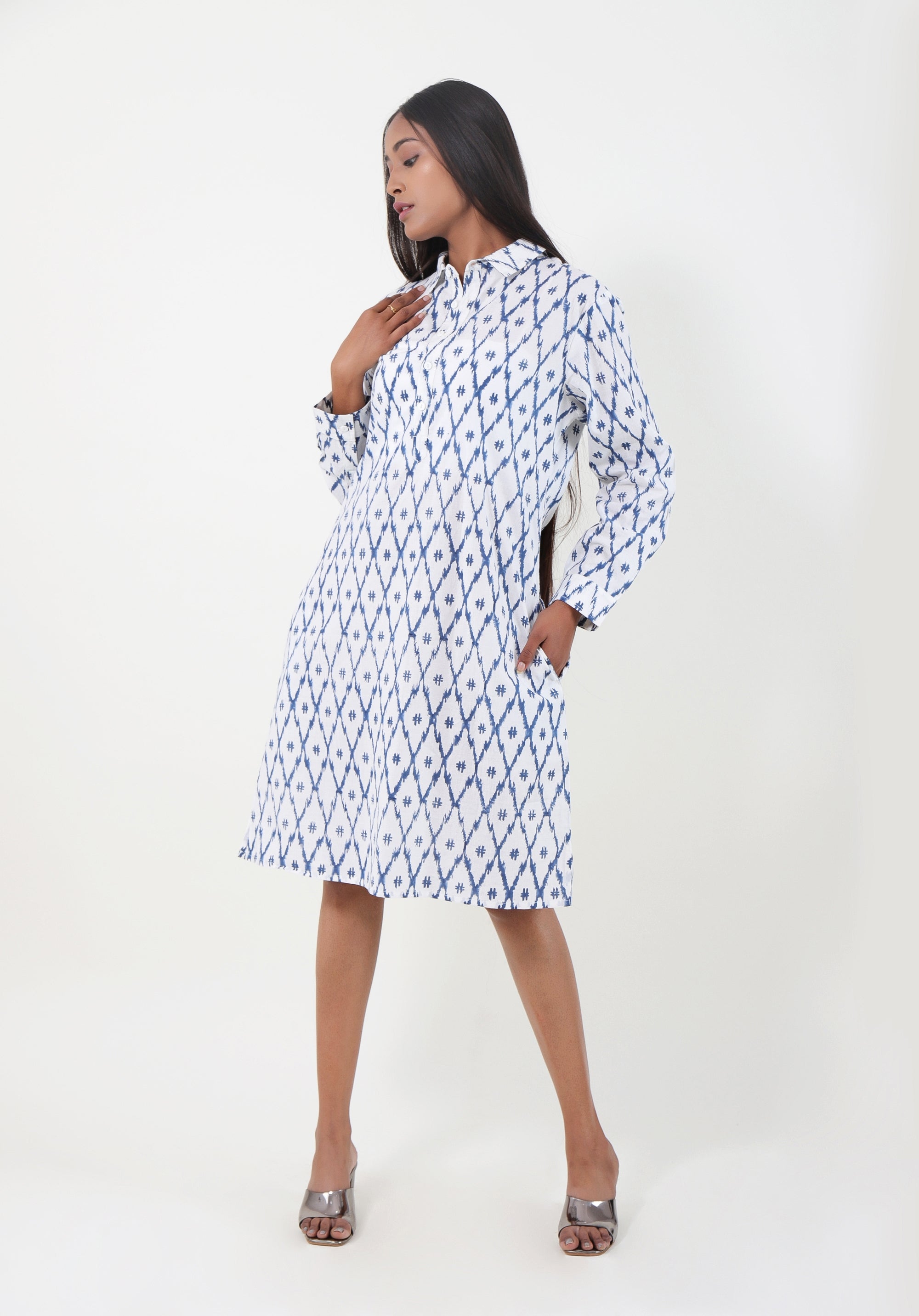 Women Printed dress Kris Shirt dress ikkat Blue