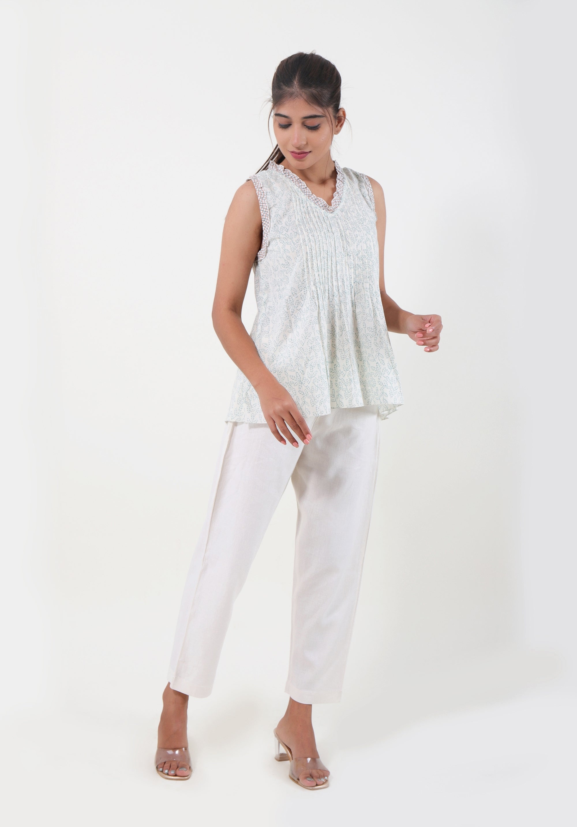 Women Block printed Rama Blouson Top June Light Blue