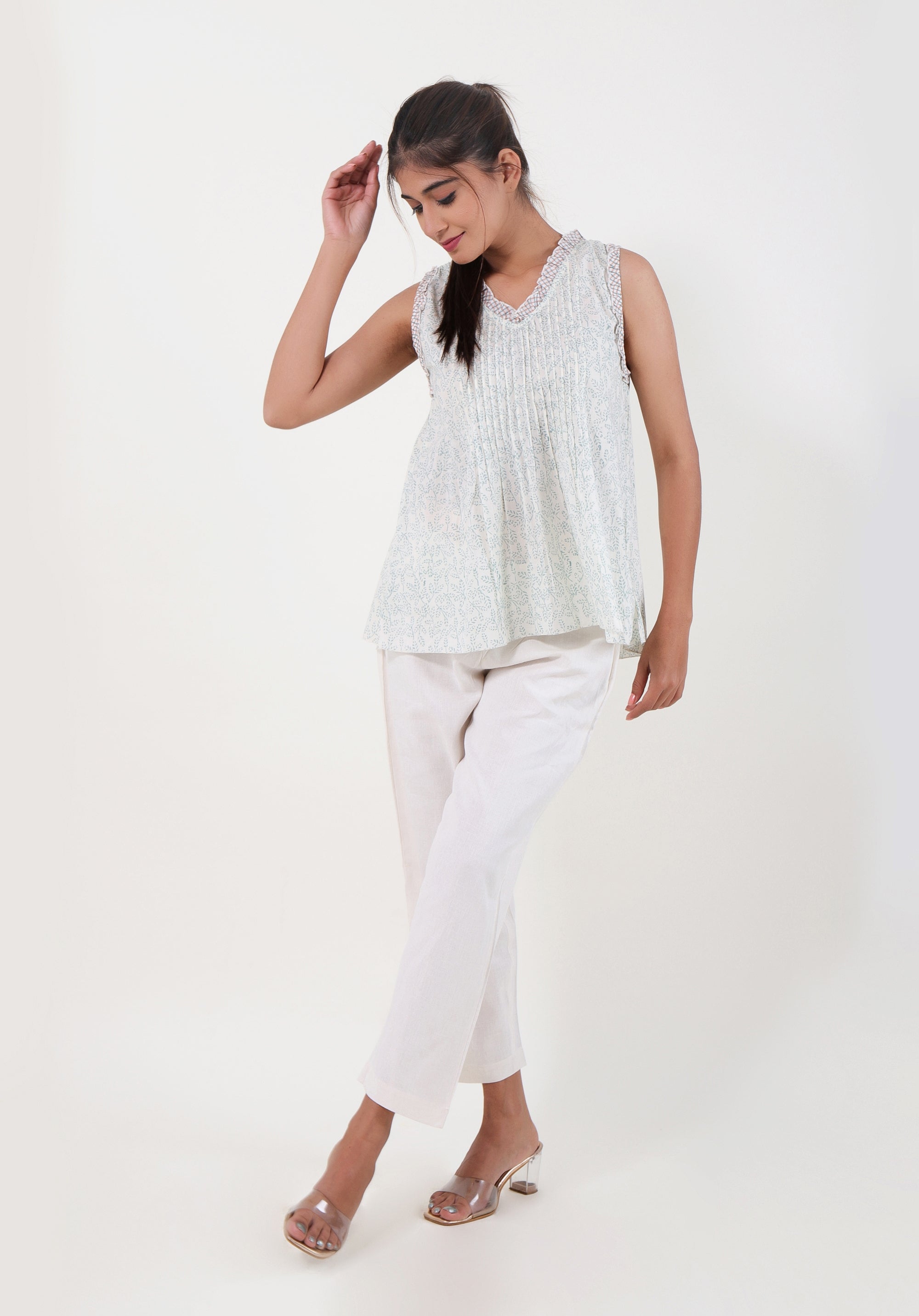 Women Block printed Rama Blouson Top June Light Blue