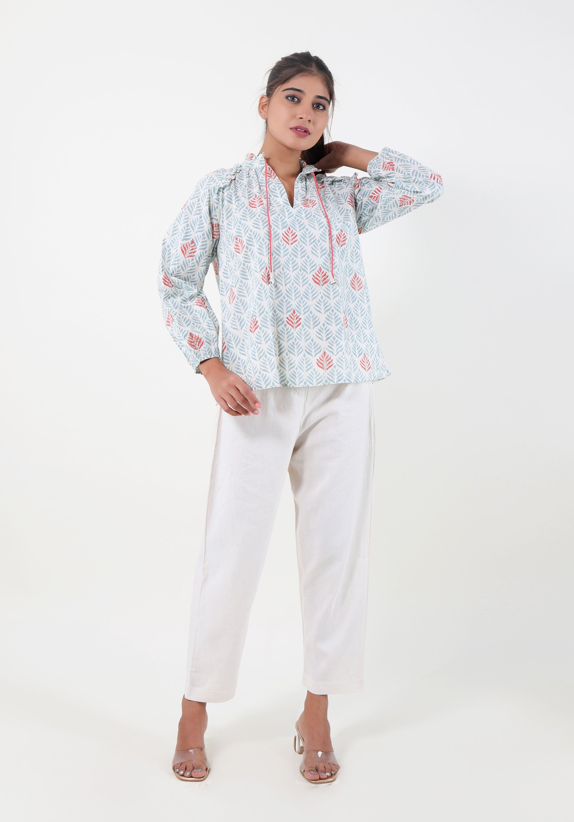 Women Block printed Aza Top Leaf Blue