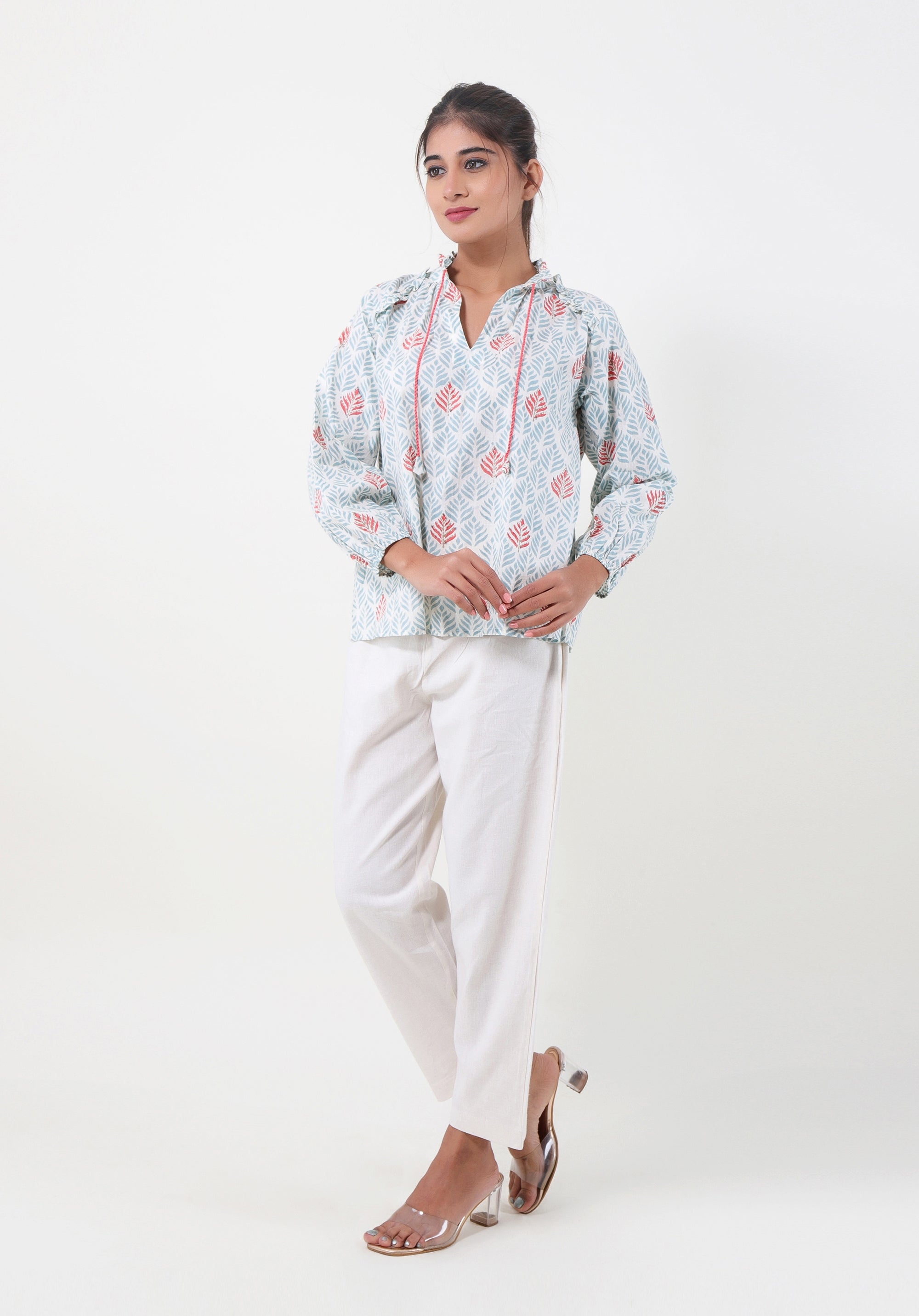 Women Block printed Aza Top Leaf Blue