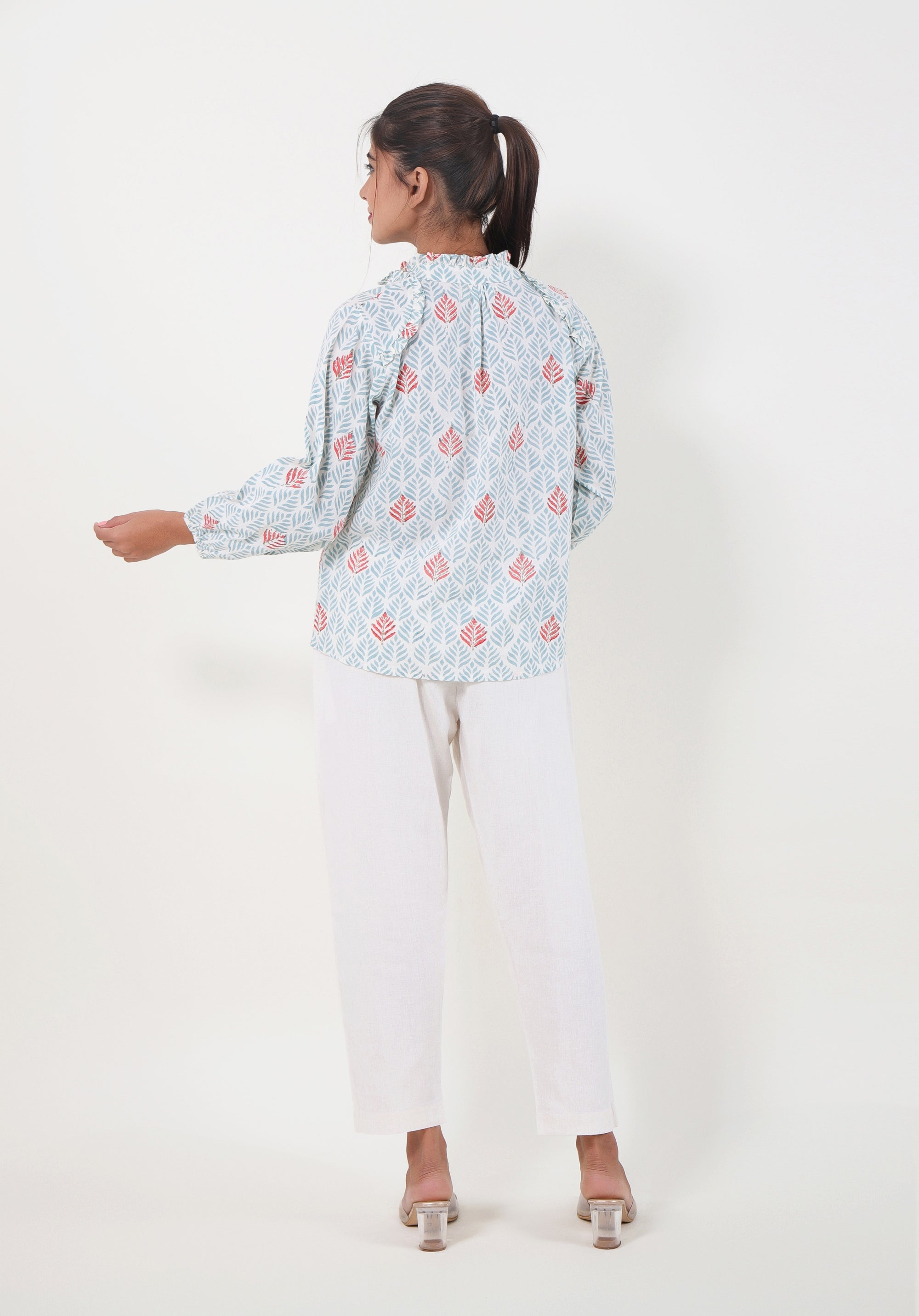 Women Block printed Aza Top Leaf Blue
