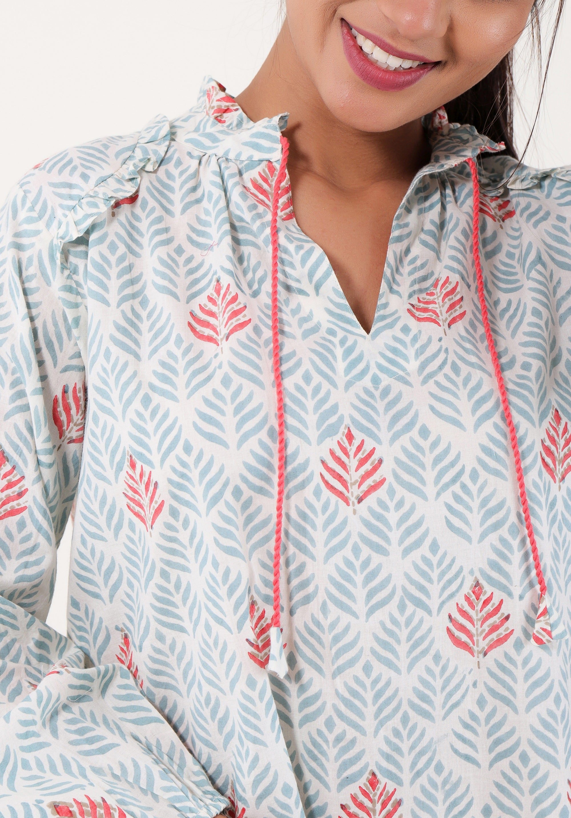 Women Block printed Aza Top Leaf Blue