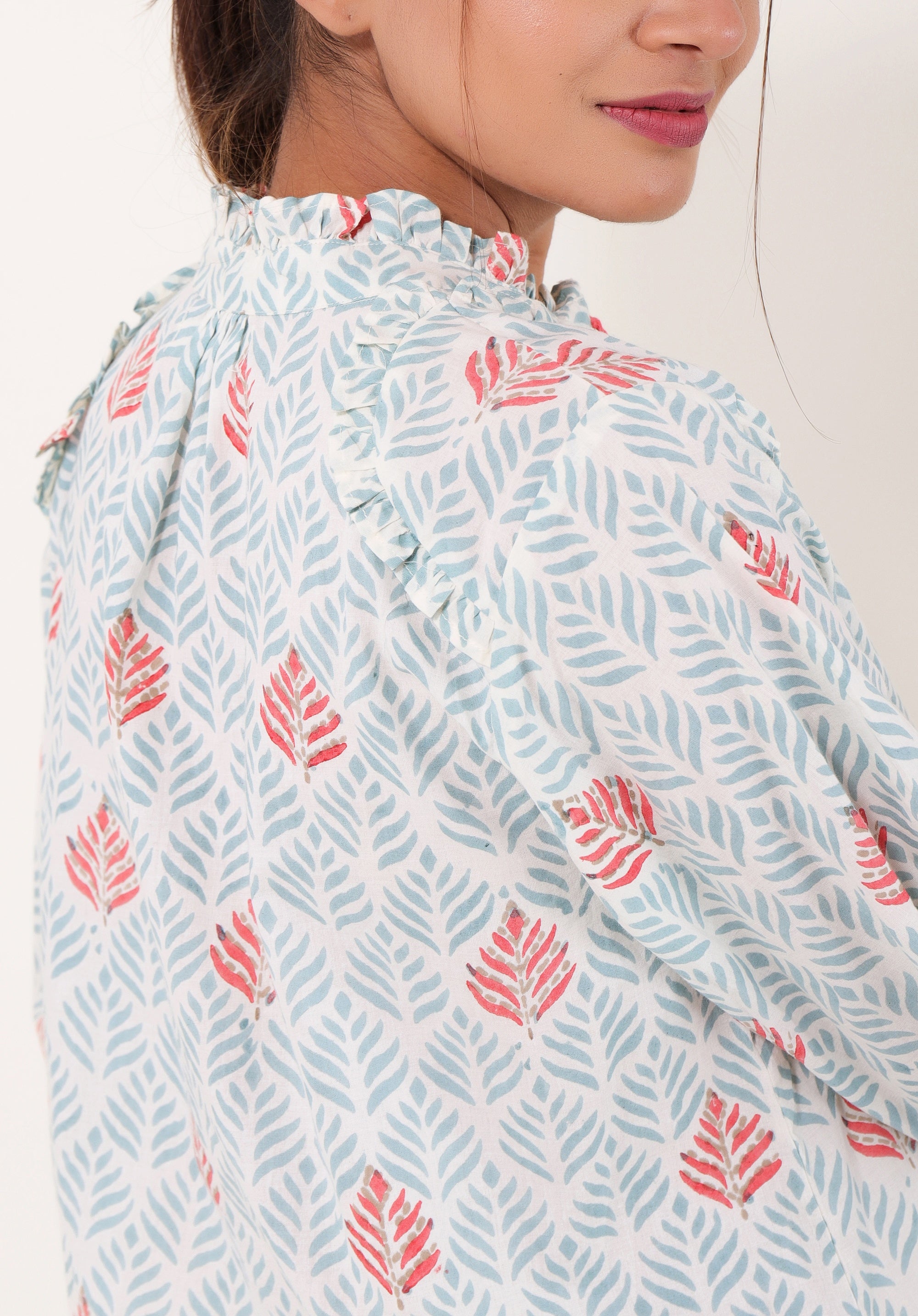 Women Block printed Aza Top Leaf Blue