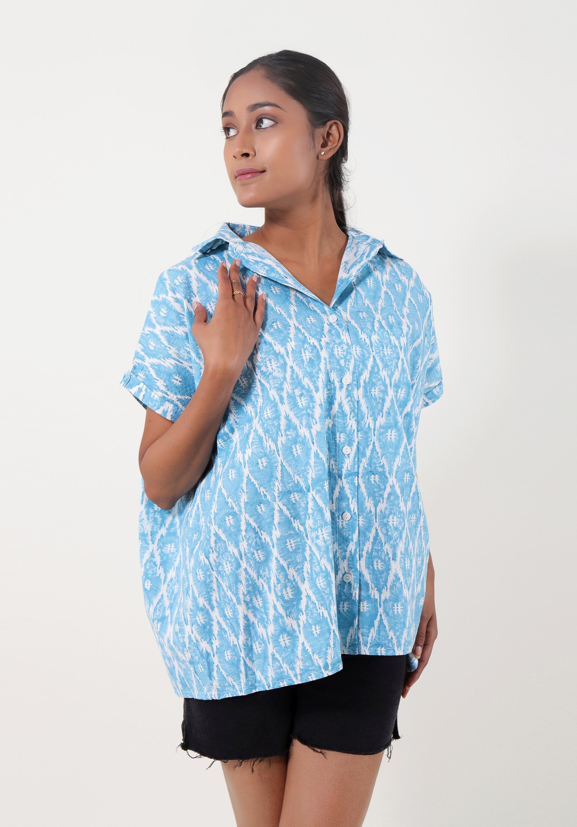 Women Block printed Mama Top Ikkat Kantha