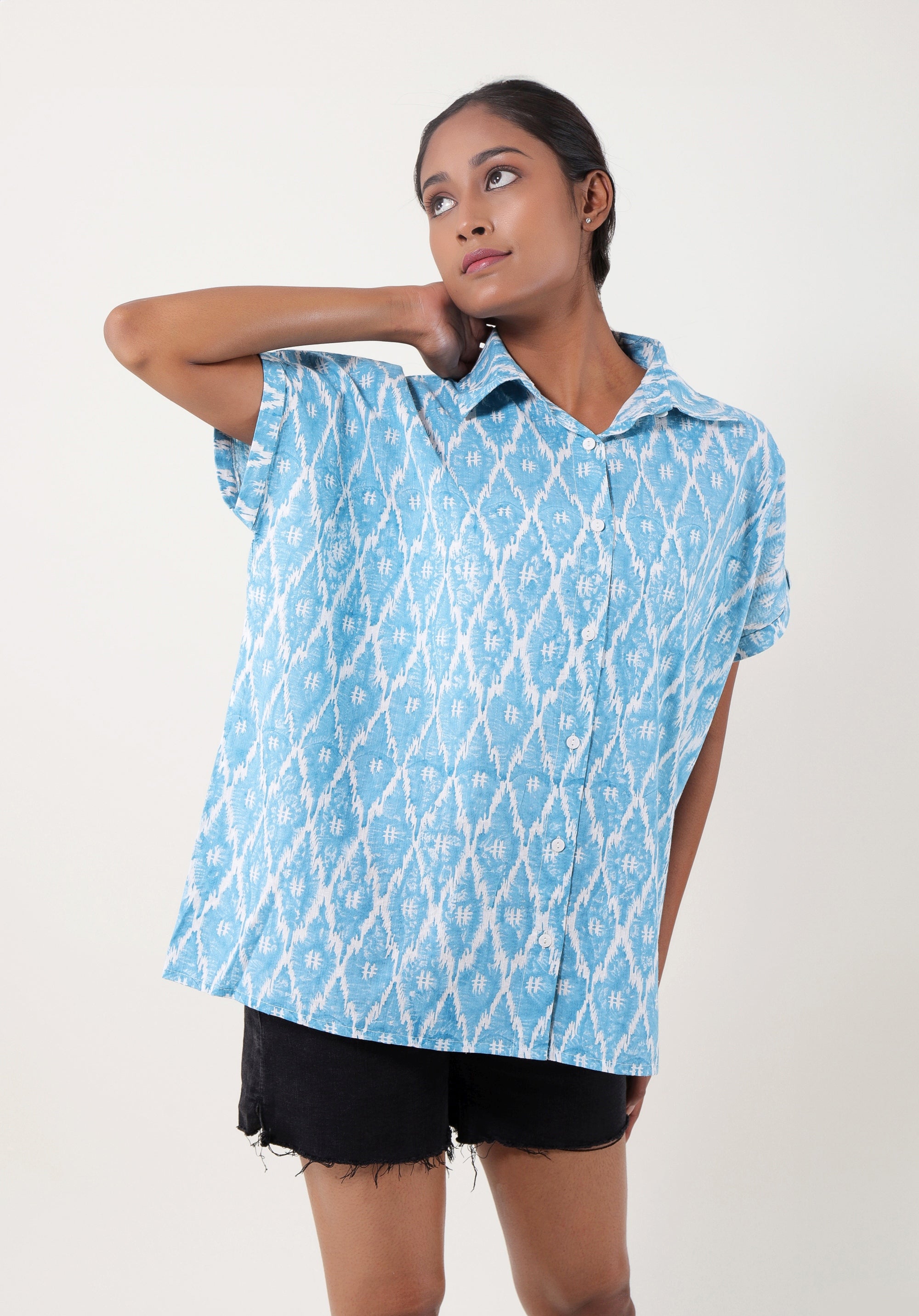 Women Block printed Mama Top Ikkat Kantha