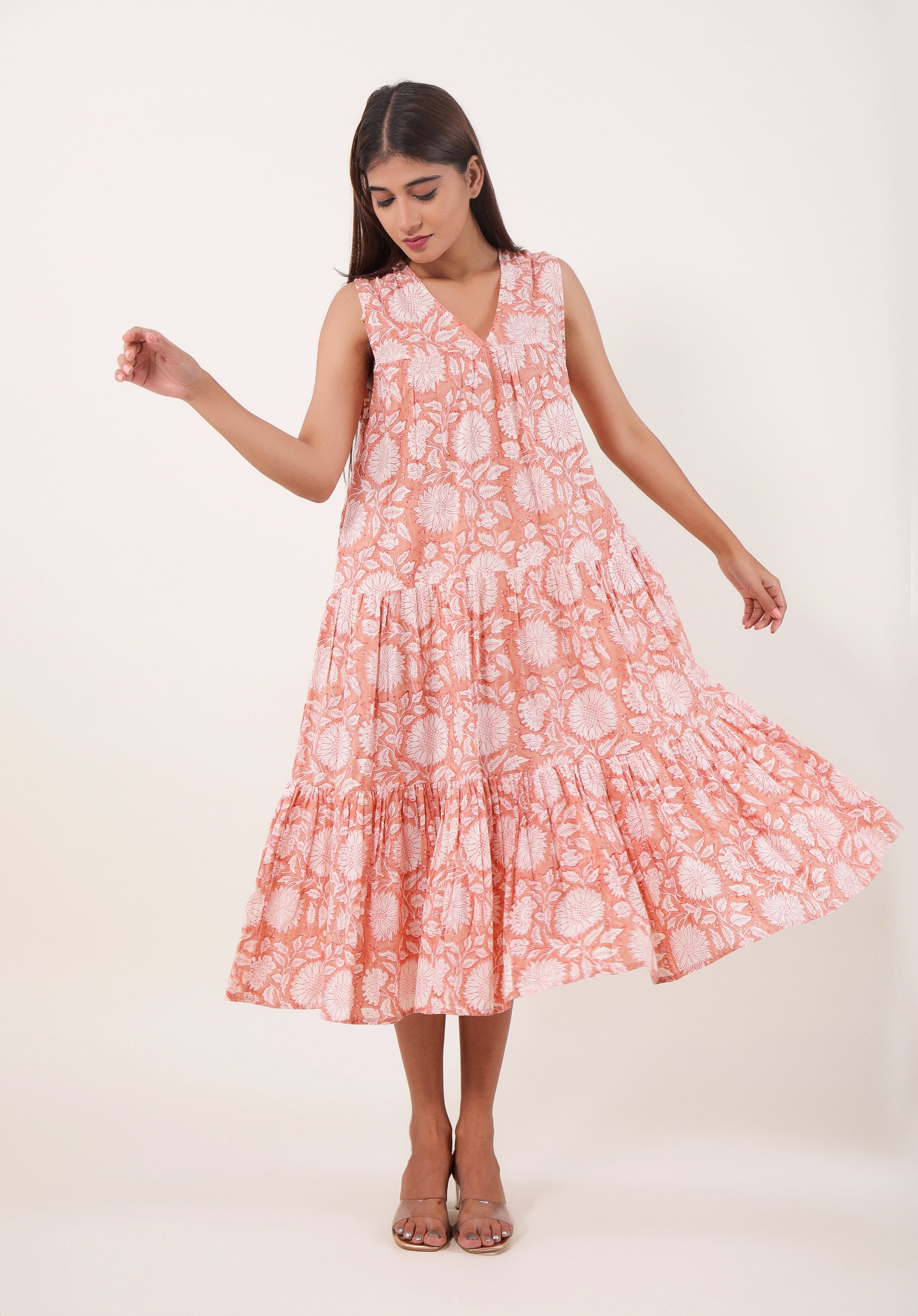 Women Tiered dress Nirmala Floral Peach