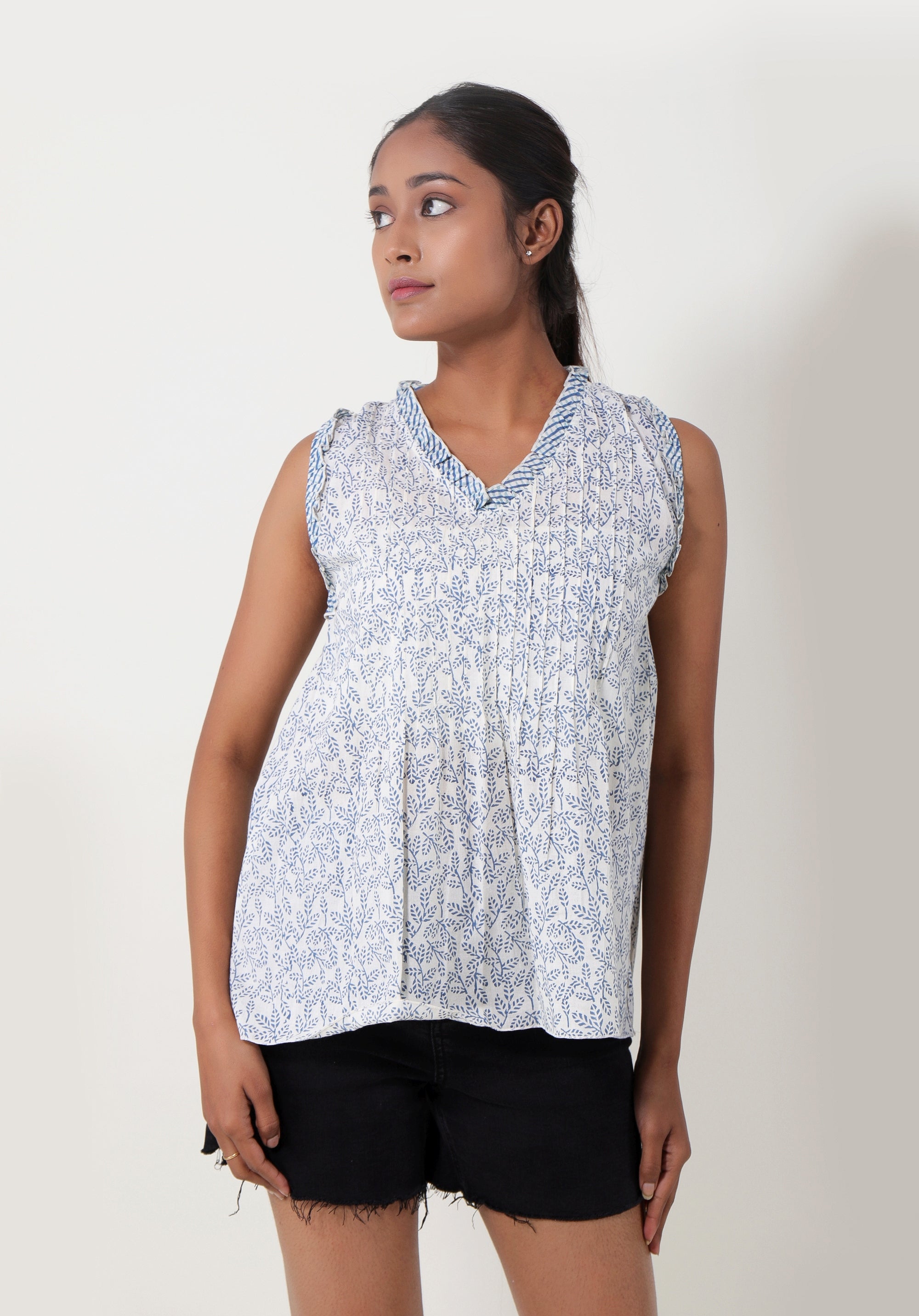 Women Block printed Rama Blouson Top June Blue