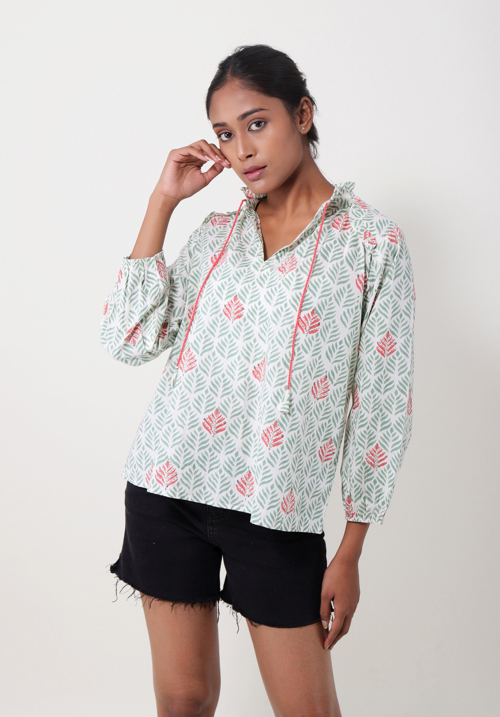 Women Block printed Aza Top Leaf Green