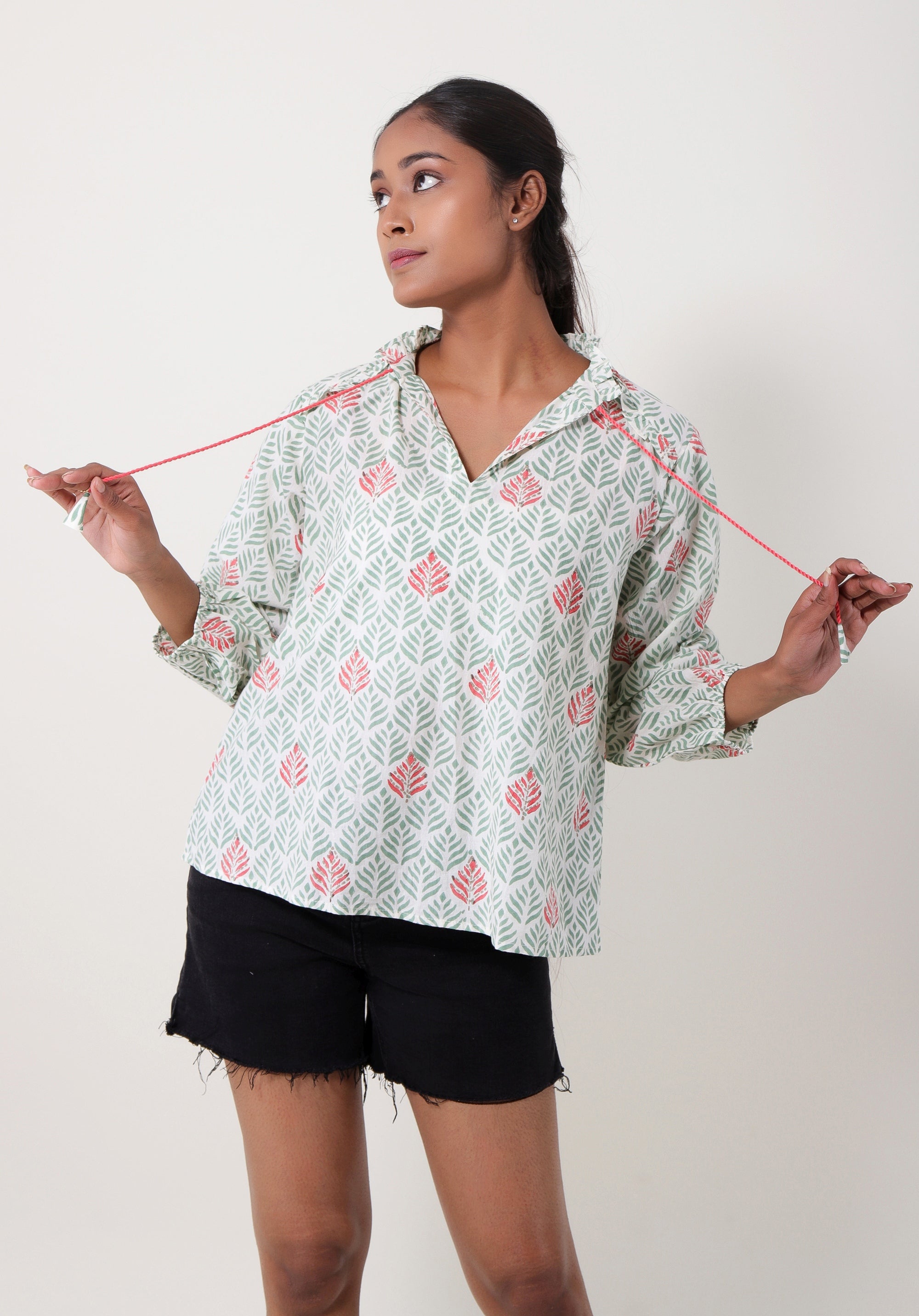 Women Block printed Aza Top Leaf Green
