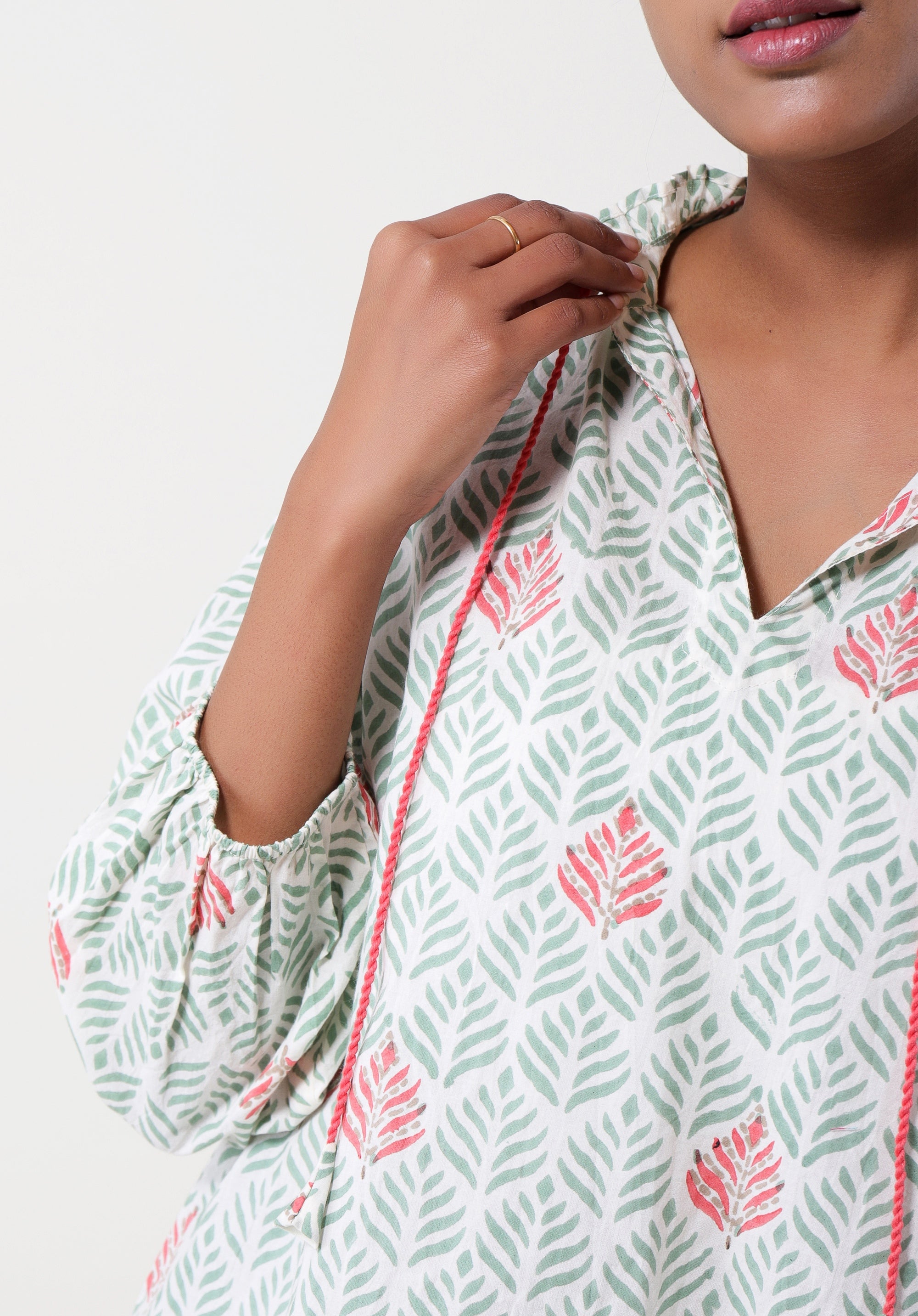 Women Block printed Aza Top Leaf Green