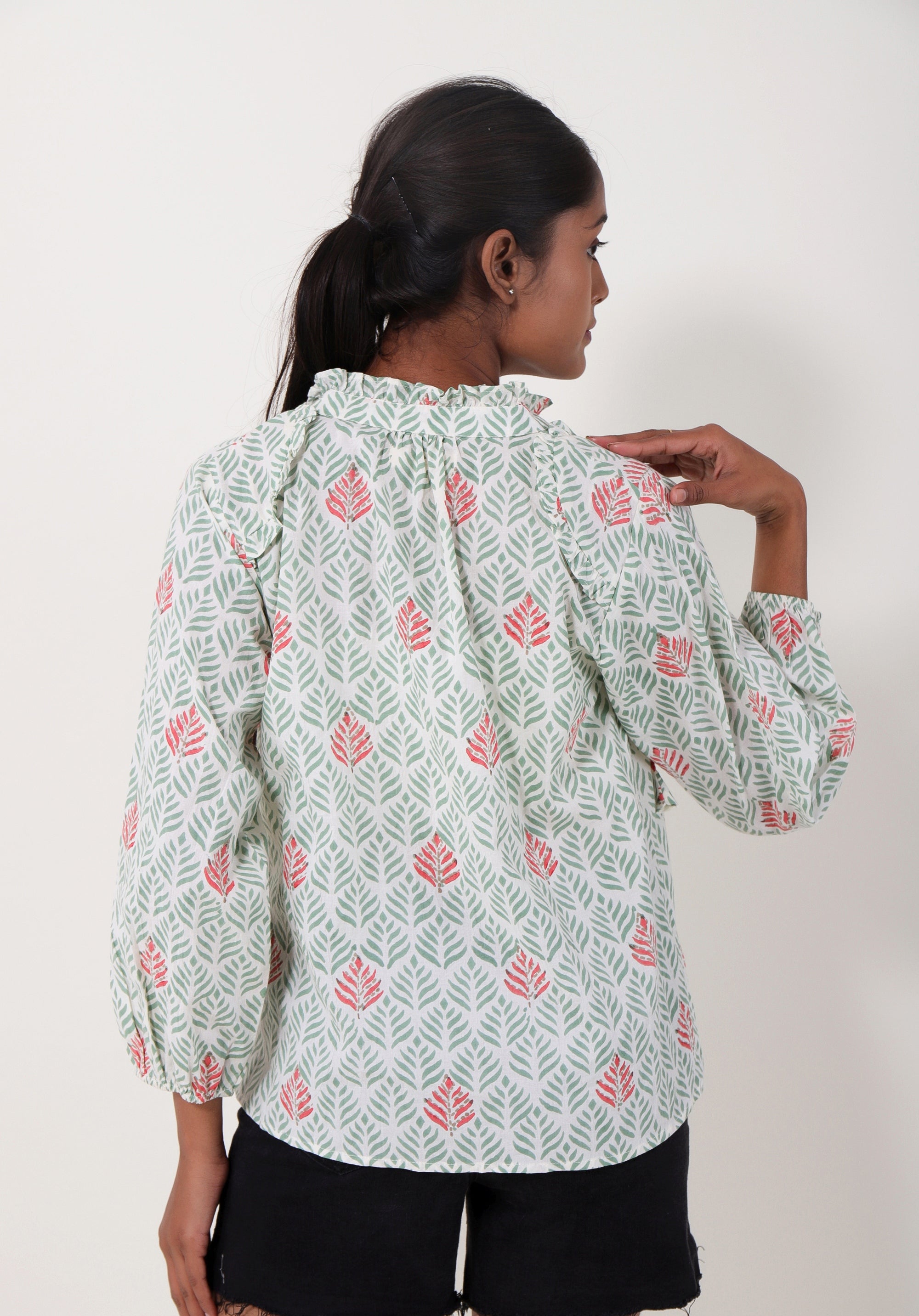Women Block printed Aza Top Leaf Green