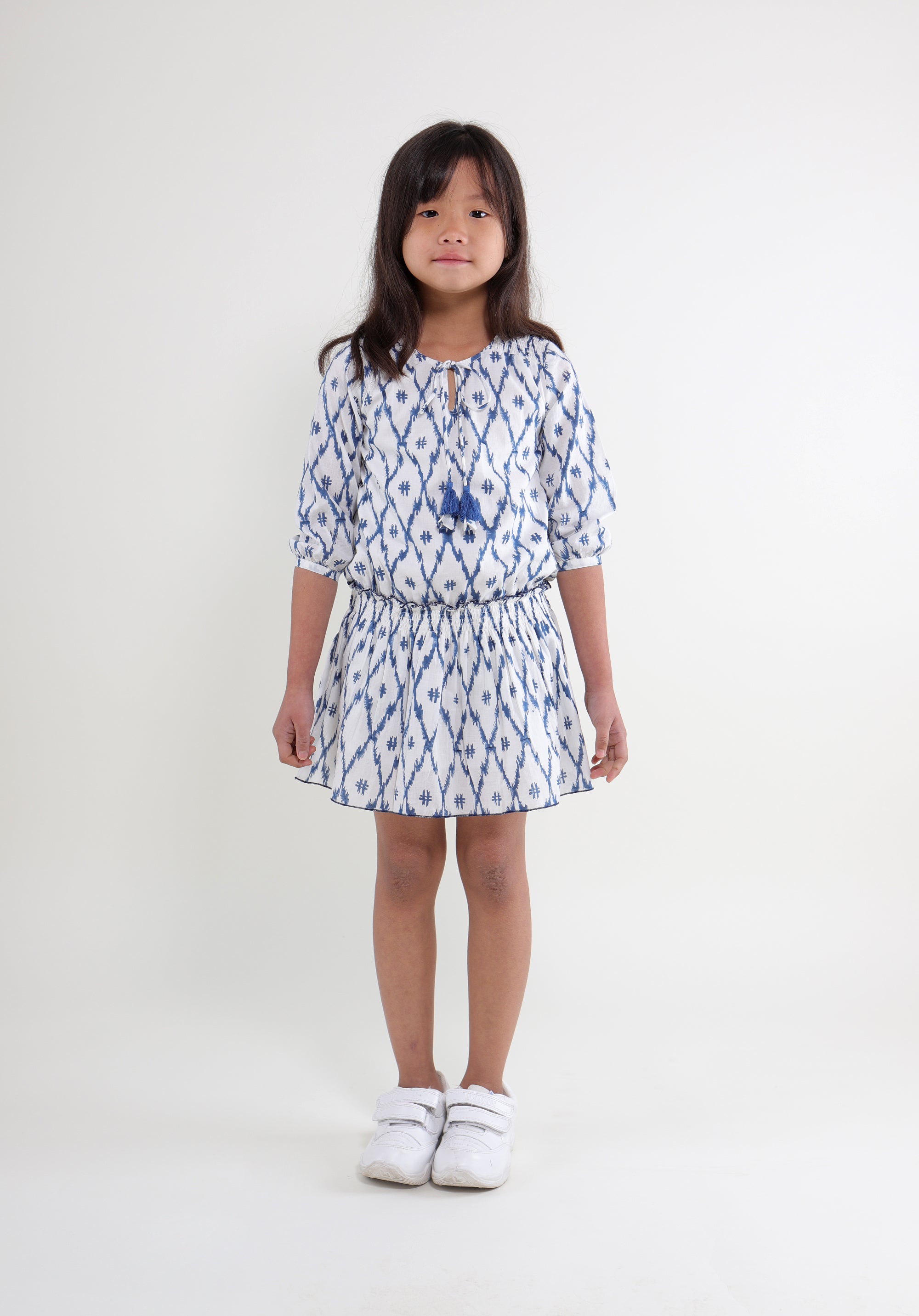 Girl's Block printed Dress Mary Ikkat Blue