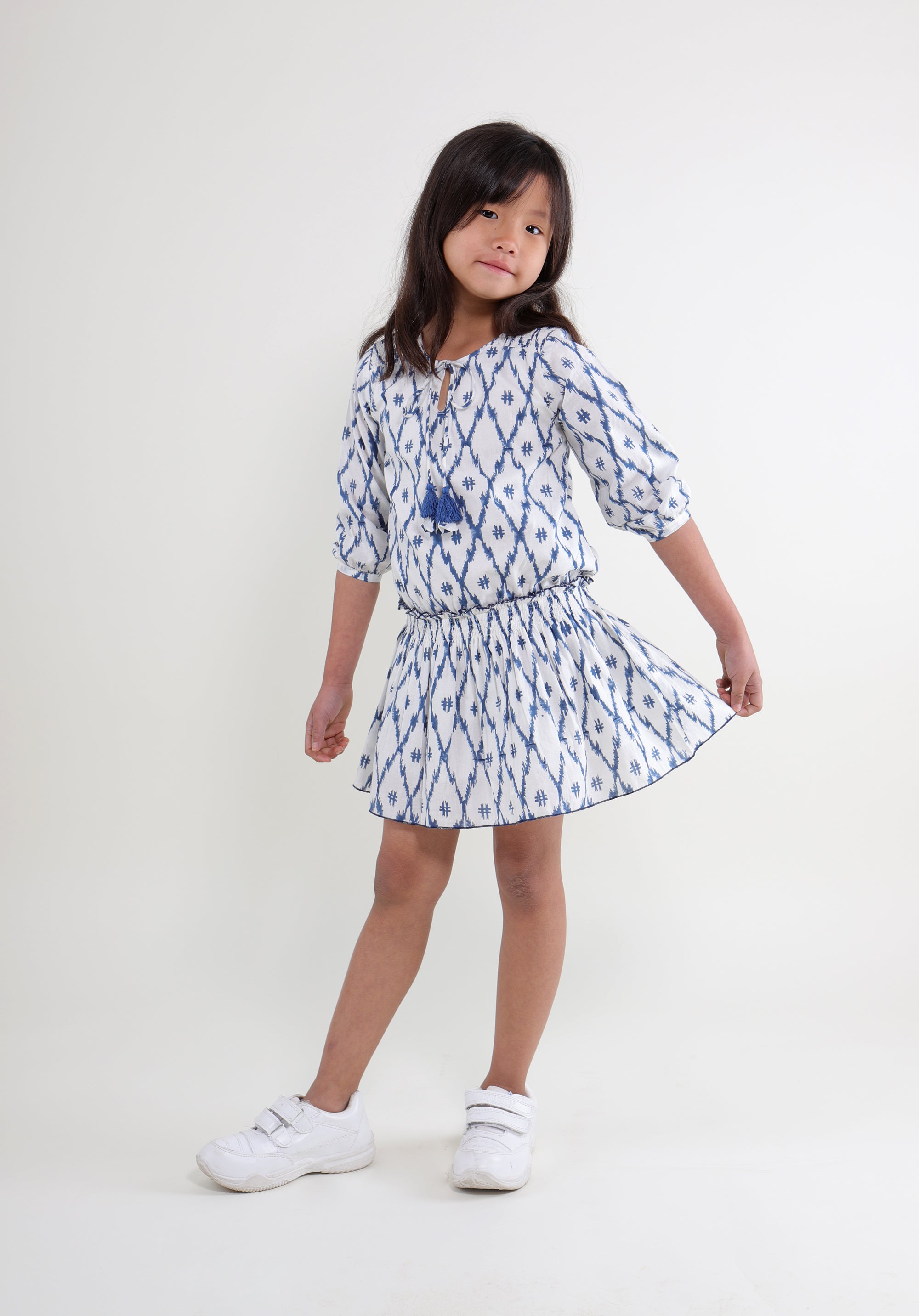 Girl's Block printed Dress Mary Ikkat Blue