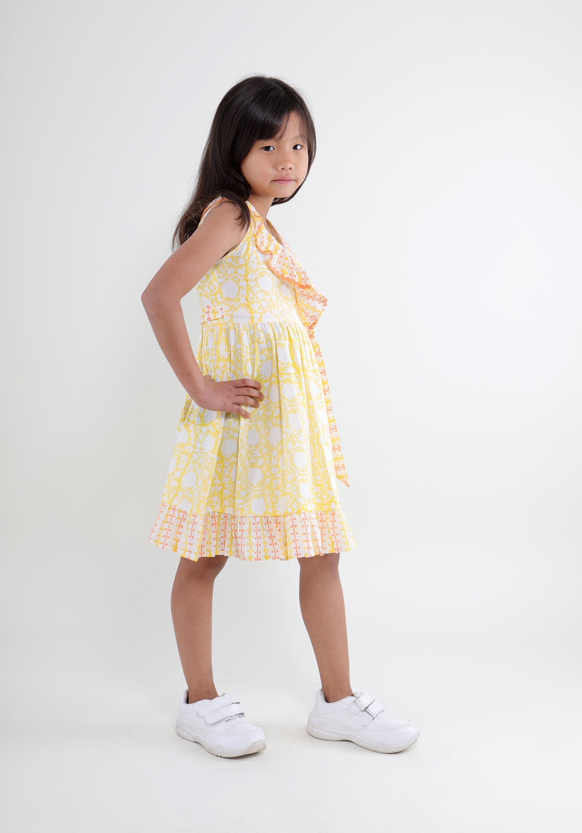 Girl's Block printed Dress Garima Lily Yellow