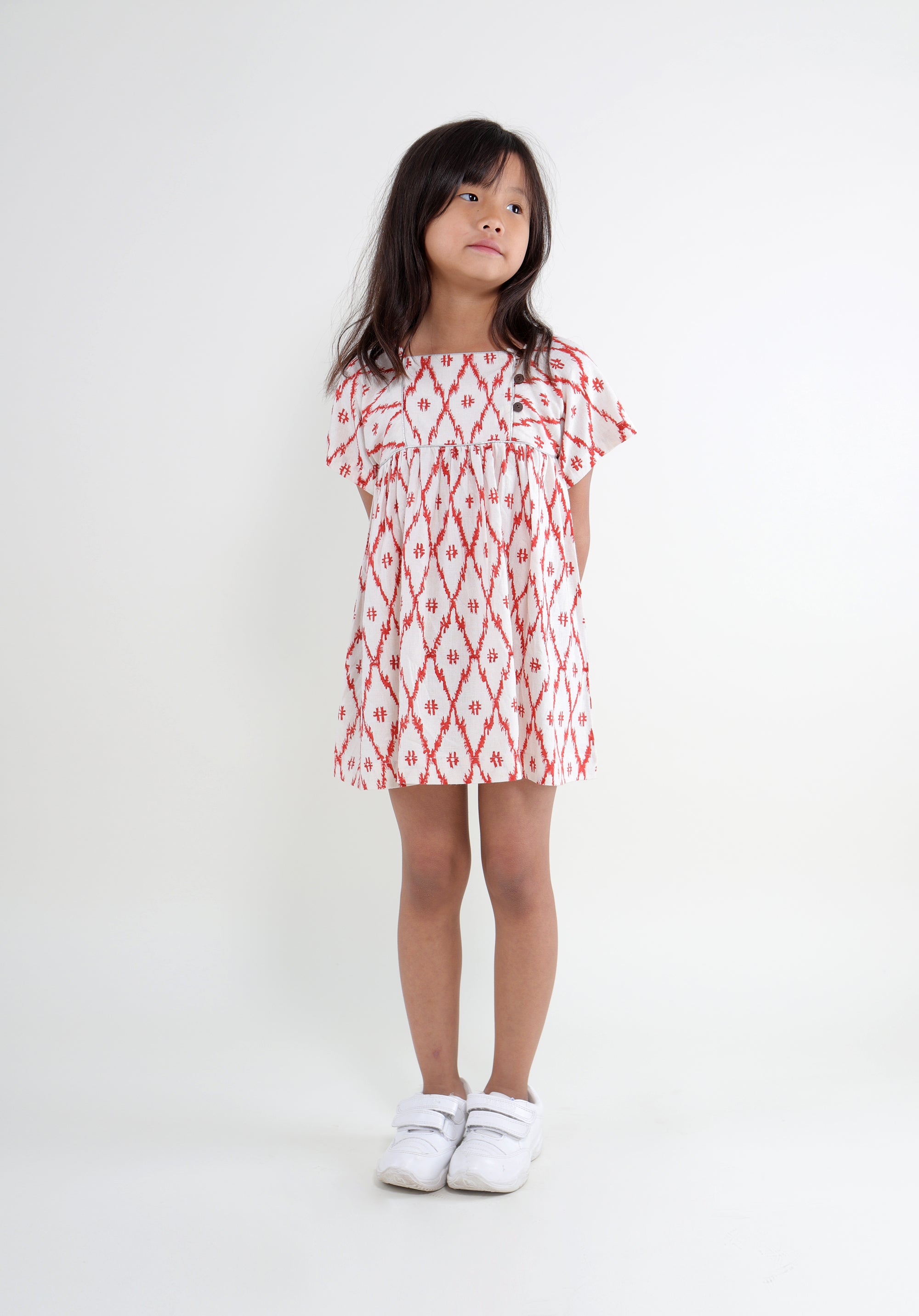 Girl's Block Linen Dress Lila Ikkat Red