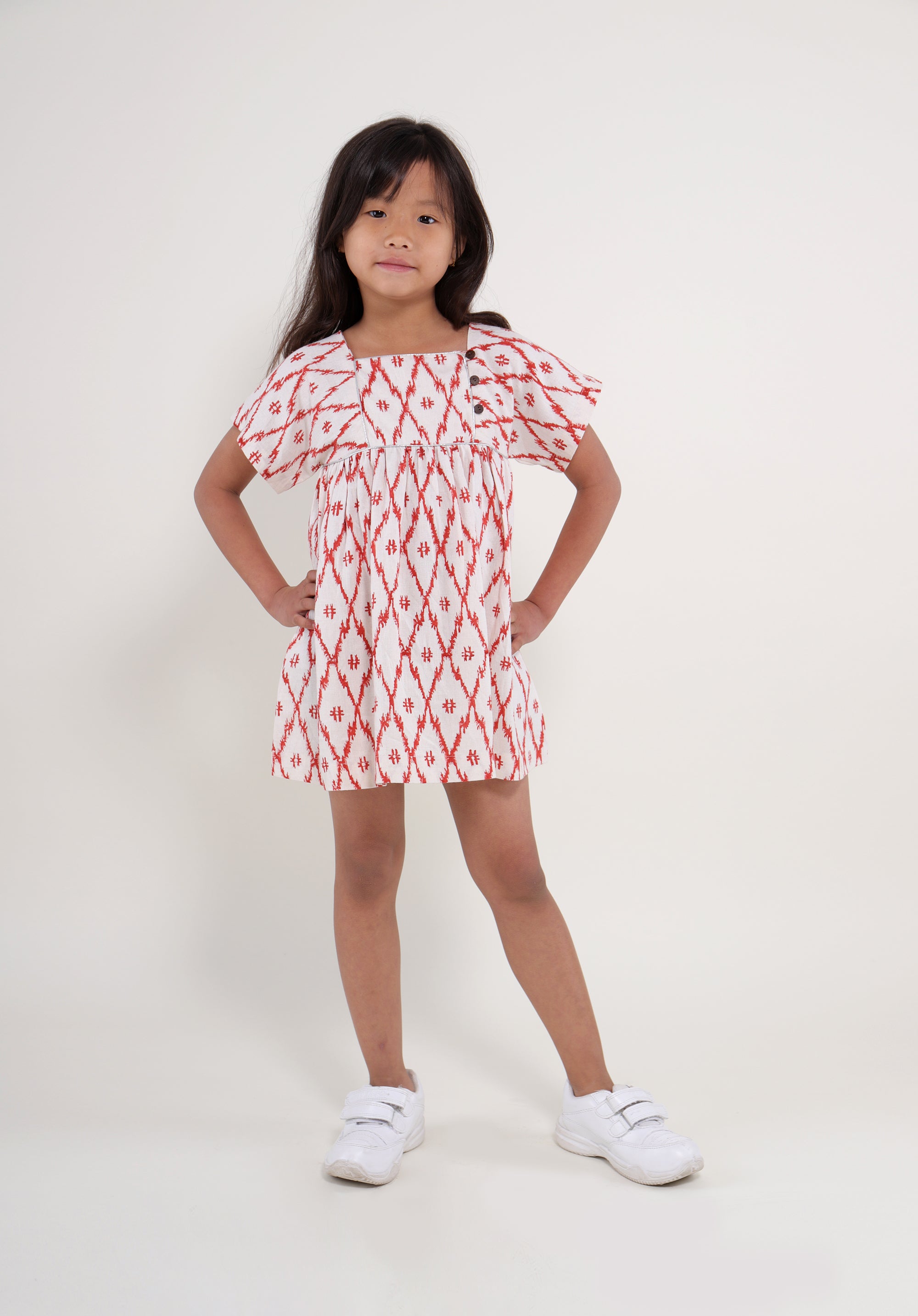 Girl's Block Linen Dress Lila Ikkat Red
