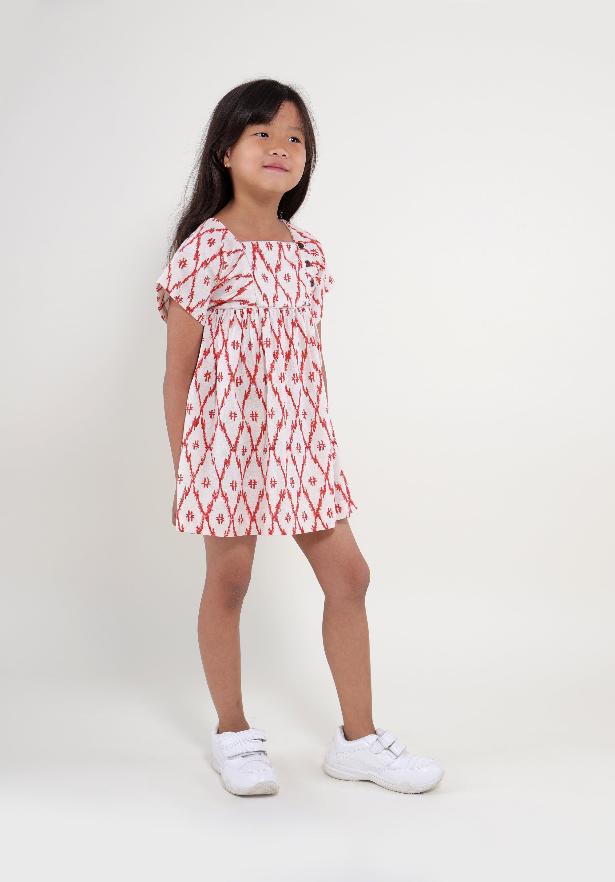 Girl's Block Linen Dress Lila Ikkat Red