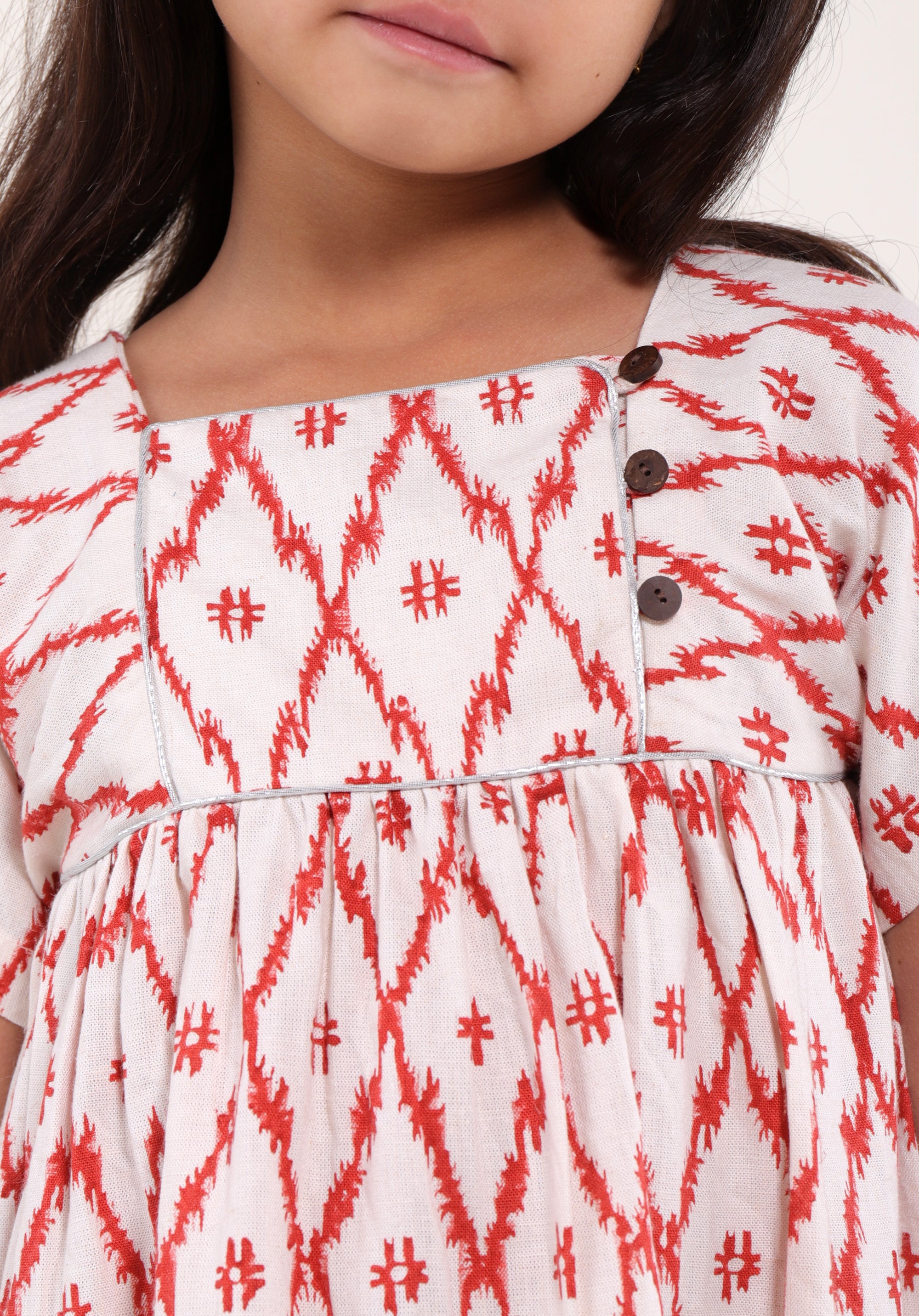 Girl's Block Linen Dress Lila Ikkat Red