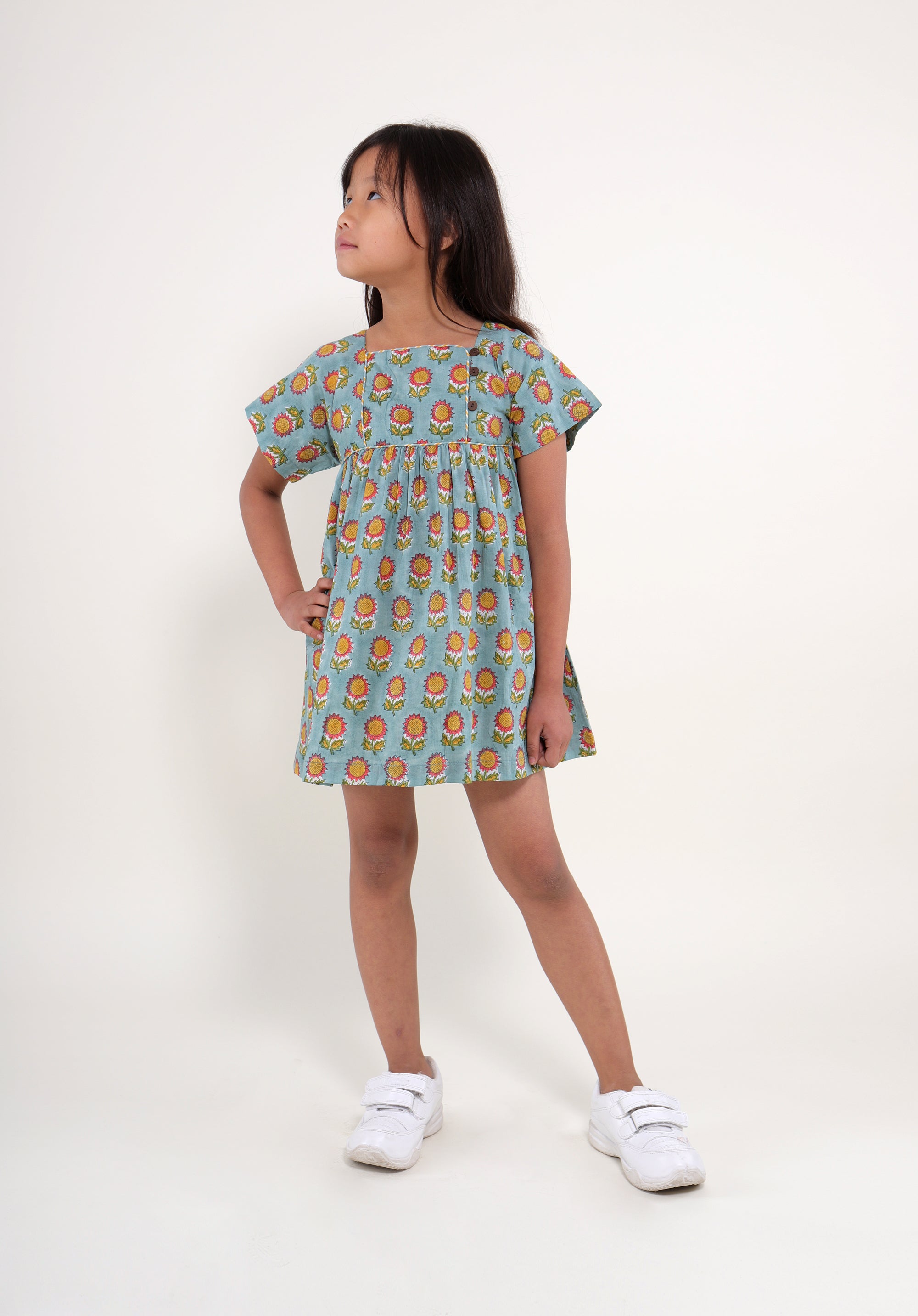 Girl's Block printed Dress Lila Sunflower Blue