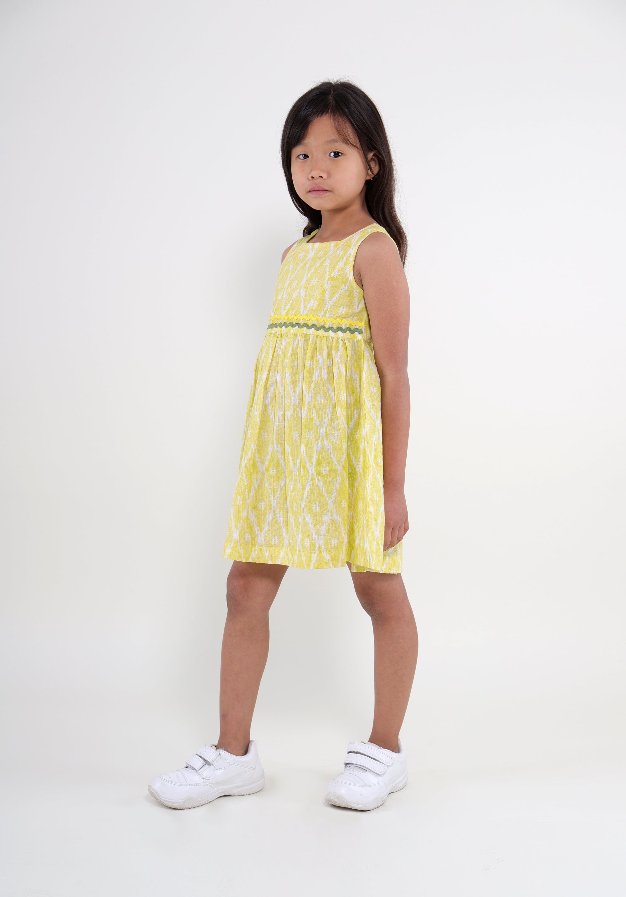 Girl's Block printed Fit and Flare Dress Ikkat Kantha Yellow