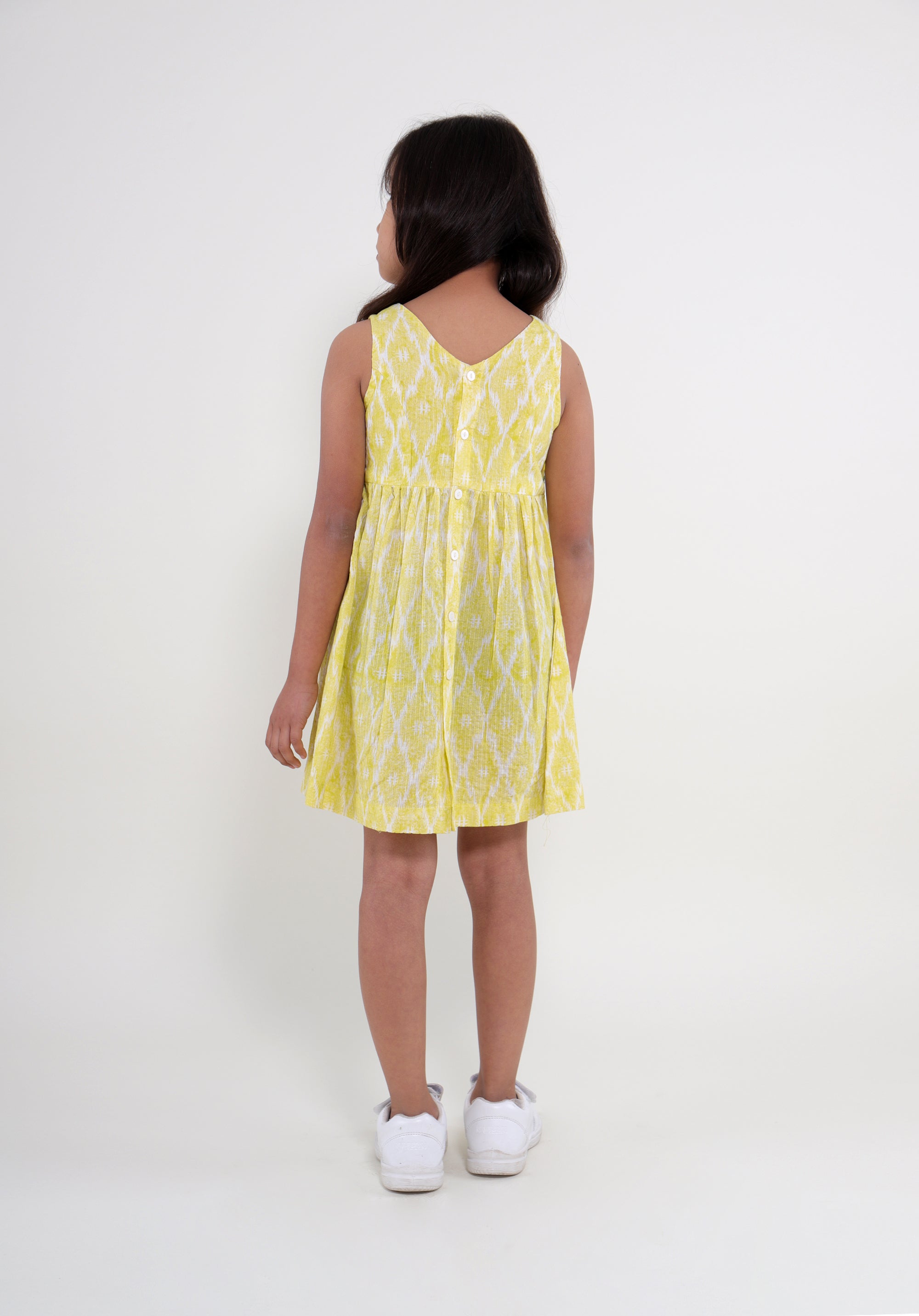 Girl's Block printed Fit and Flare Dress Ikkat Kantha Yellow