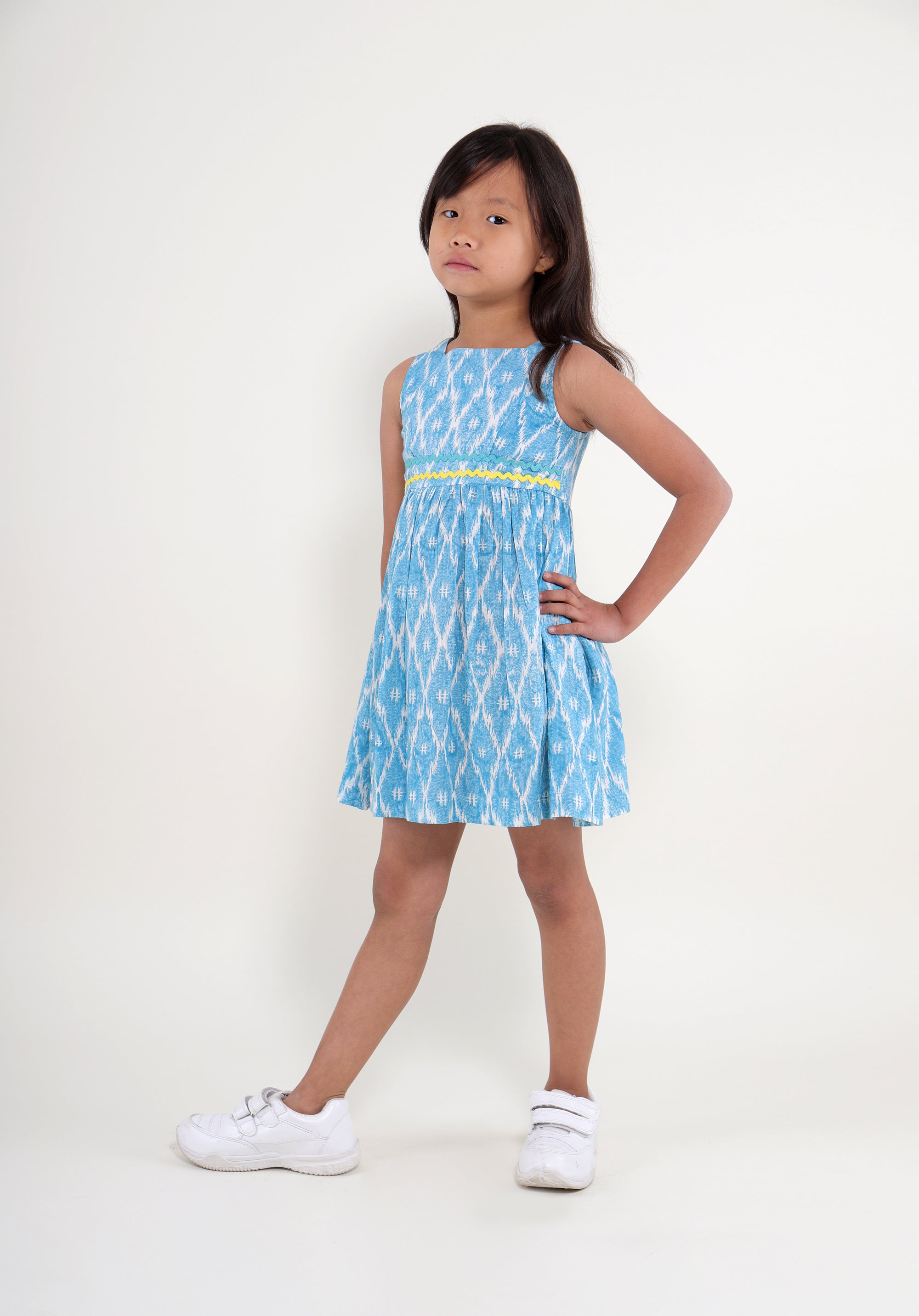 Girl's Block printed Fit and Flare Dress Ikkat Kantha