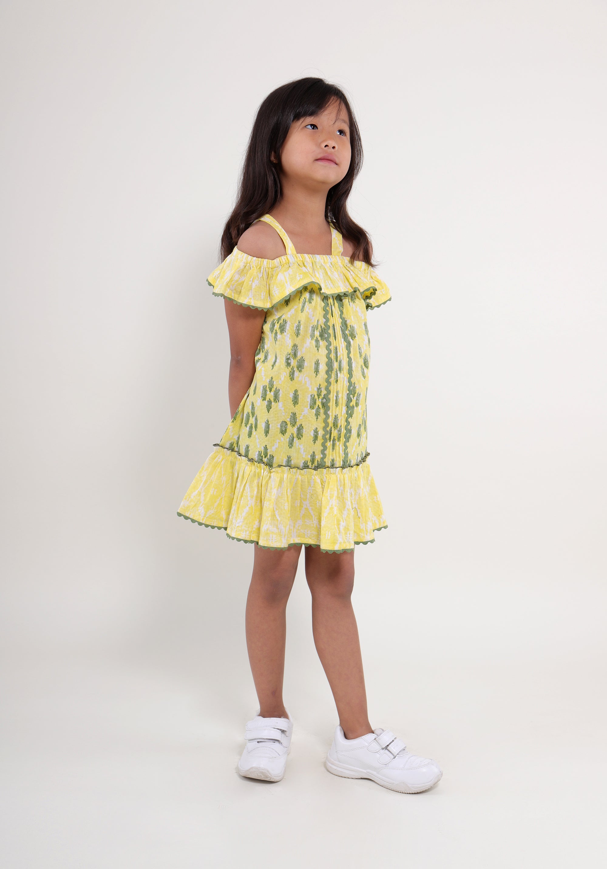 Girl's Block printed Dress Misha ikkat kantha yellow