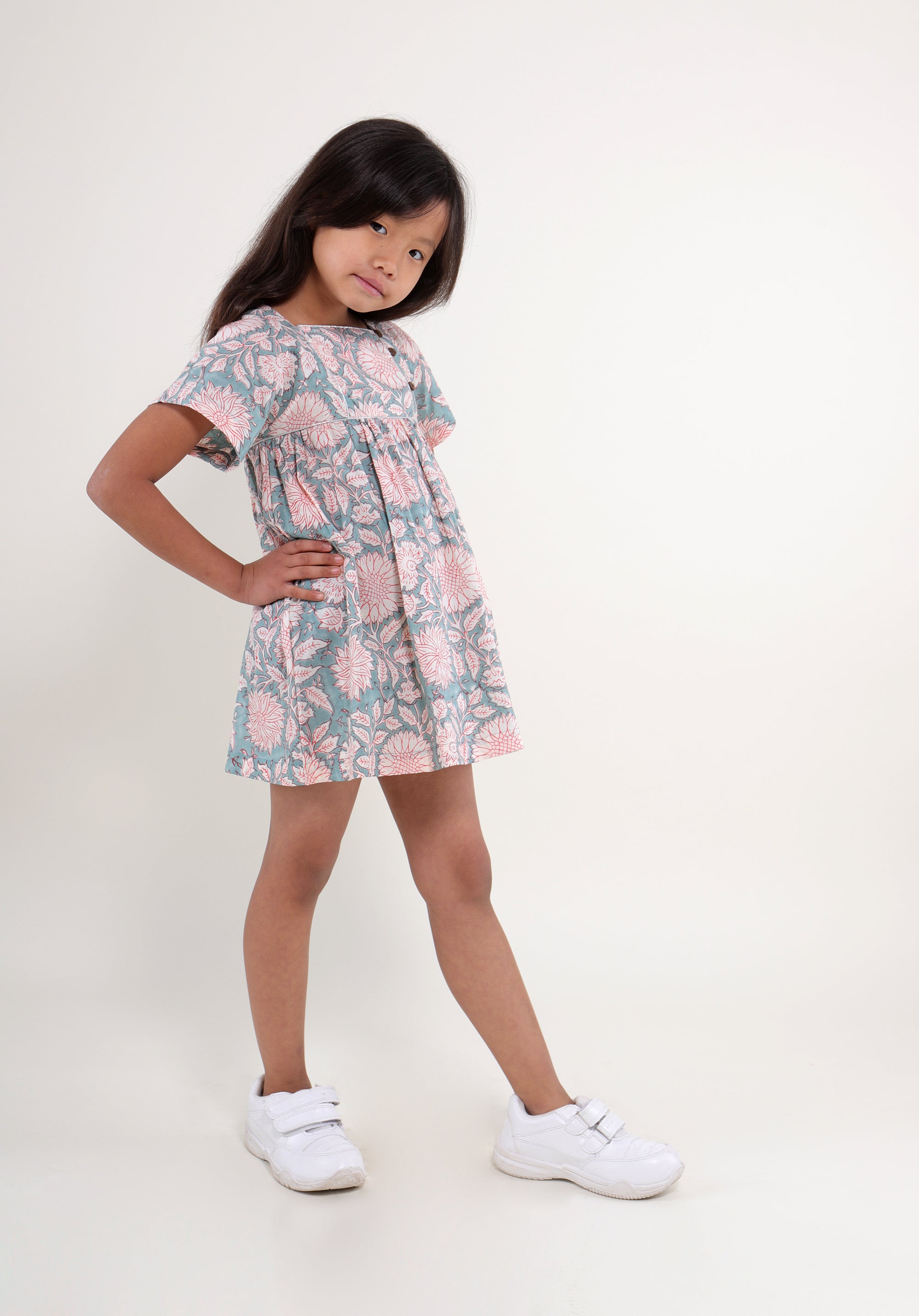 Girl's Block printed Dress Lila Floral Blue