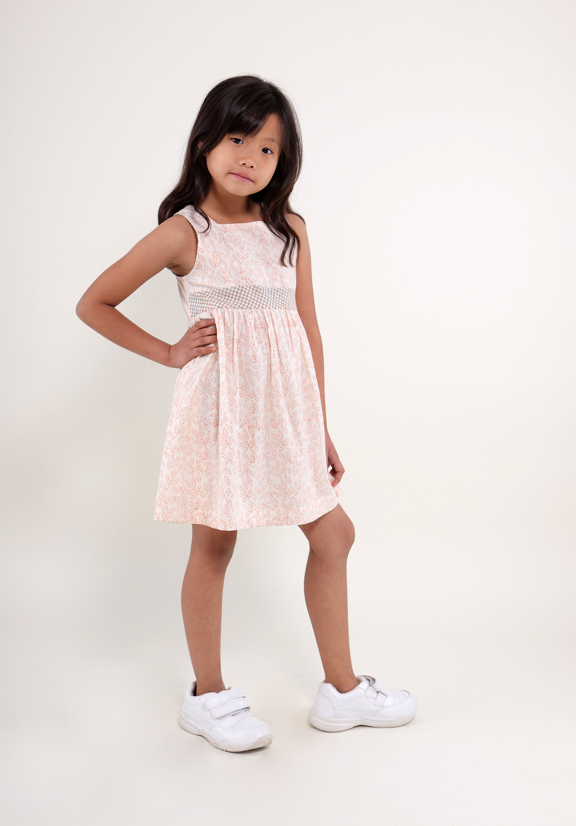Girl's Block printed Fit and Flare Dress June Peach