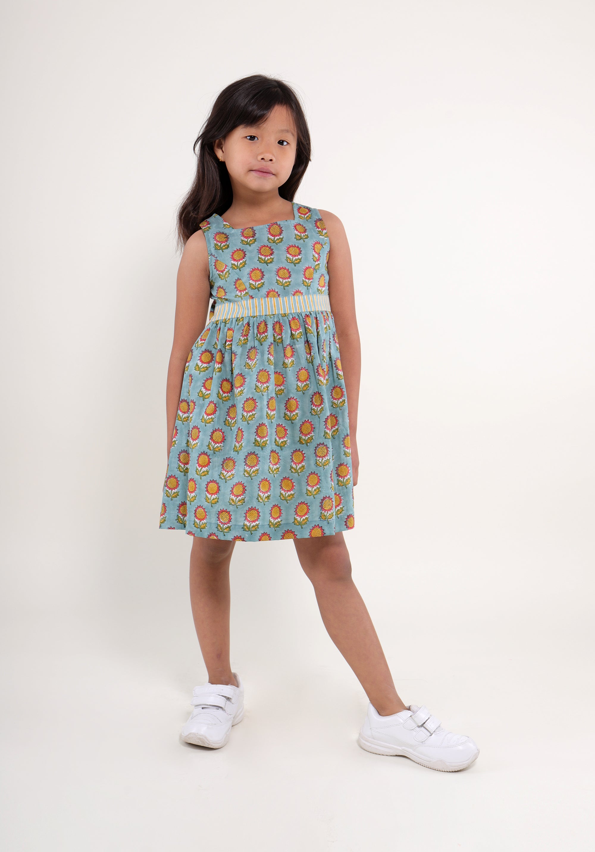 Girl's Block printed Fit and Flare Dress Garden Sunflower Blue