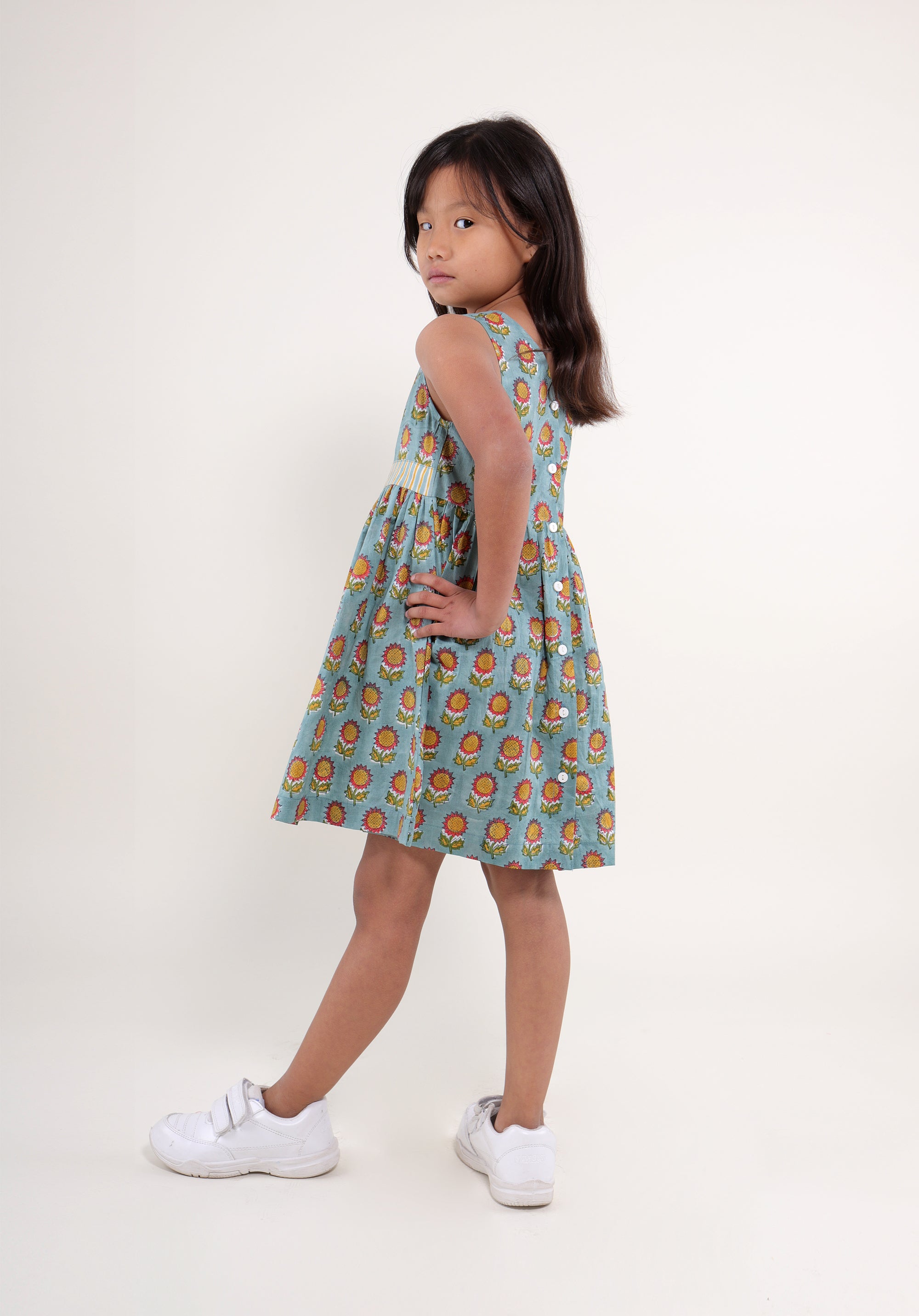 Girl's Block printed Fit and Flare Dress Garden Sunflower Blue