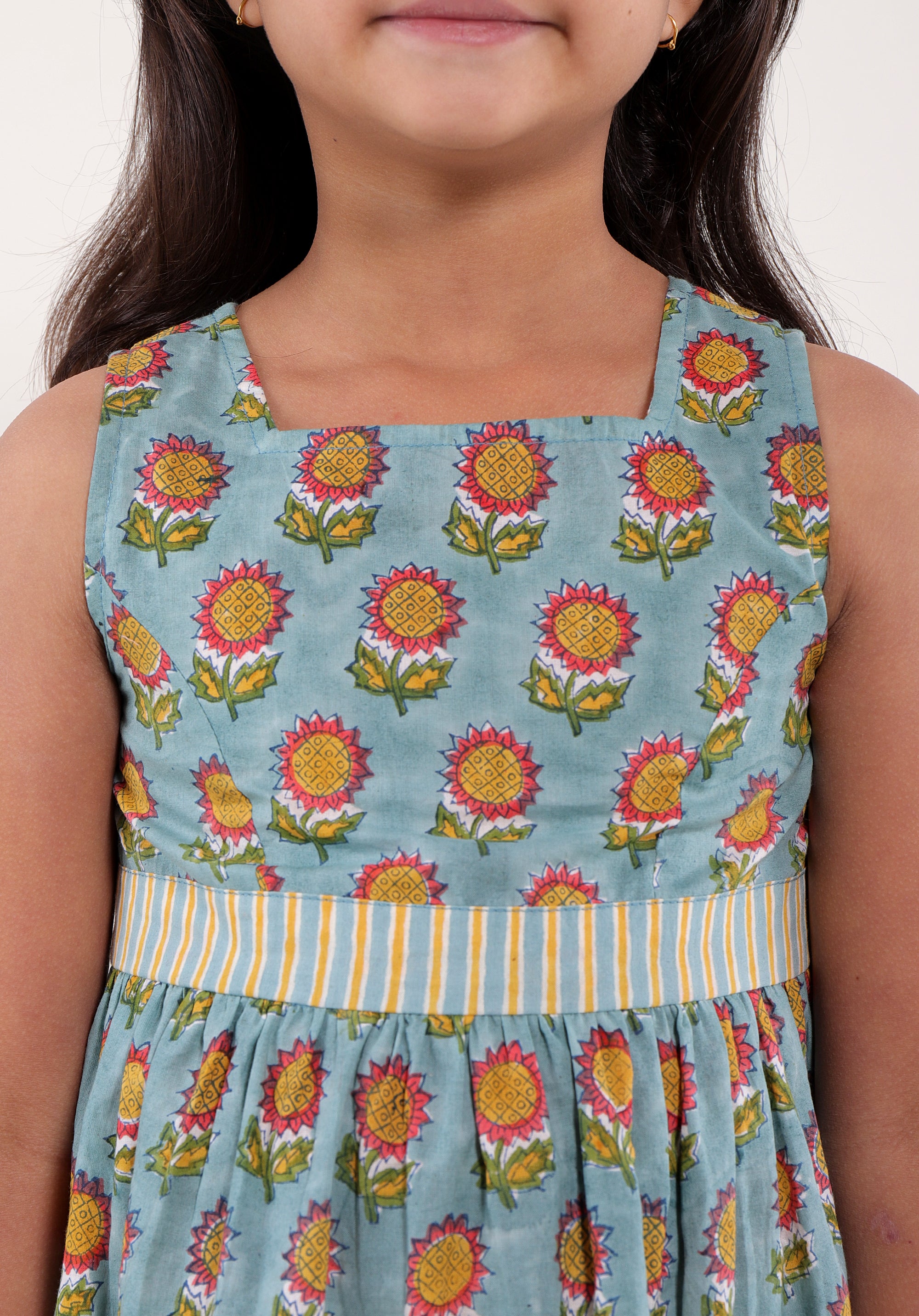 Girl's Block printed Fit and Flare Dress Garden Sunflower Blue