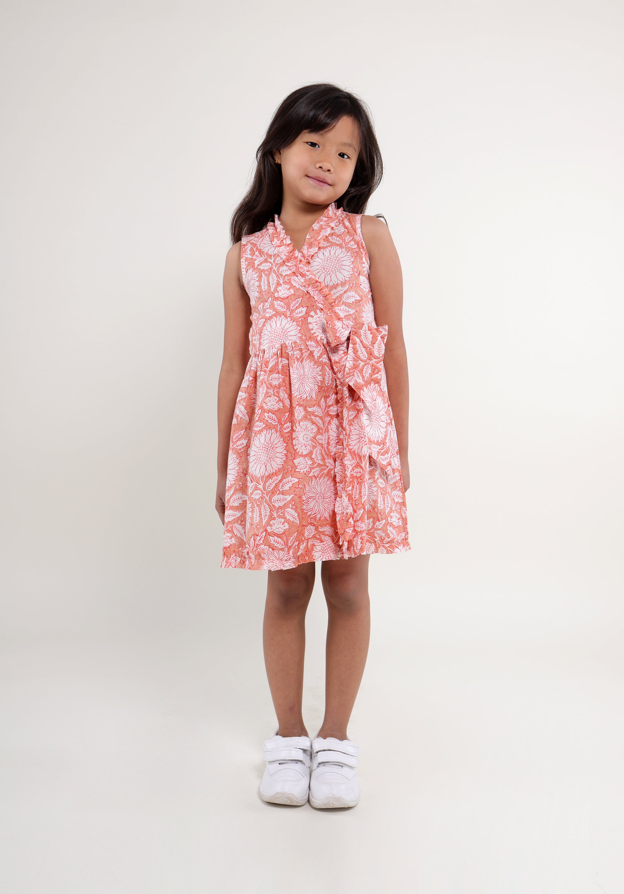 Girl's Block printed Dress Garima Floral Peach