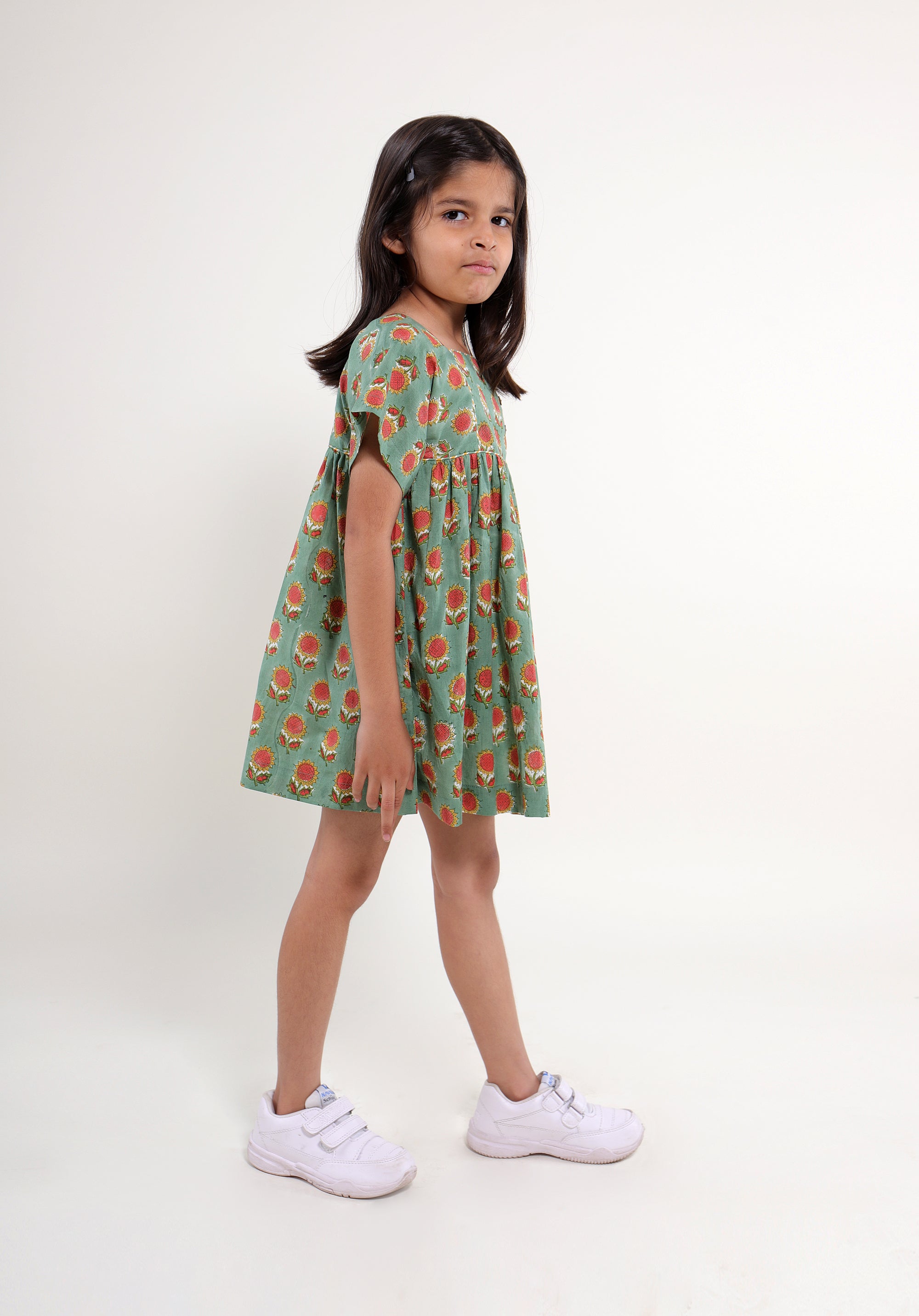 Girl's Block printed Dress Lila Sunflower Green