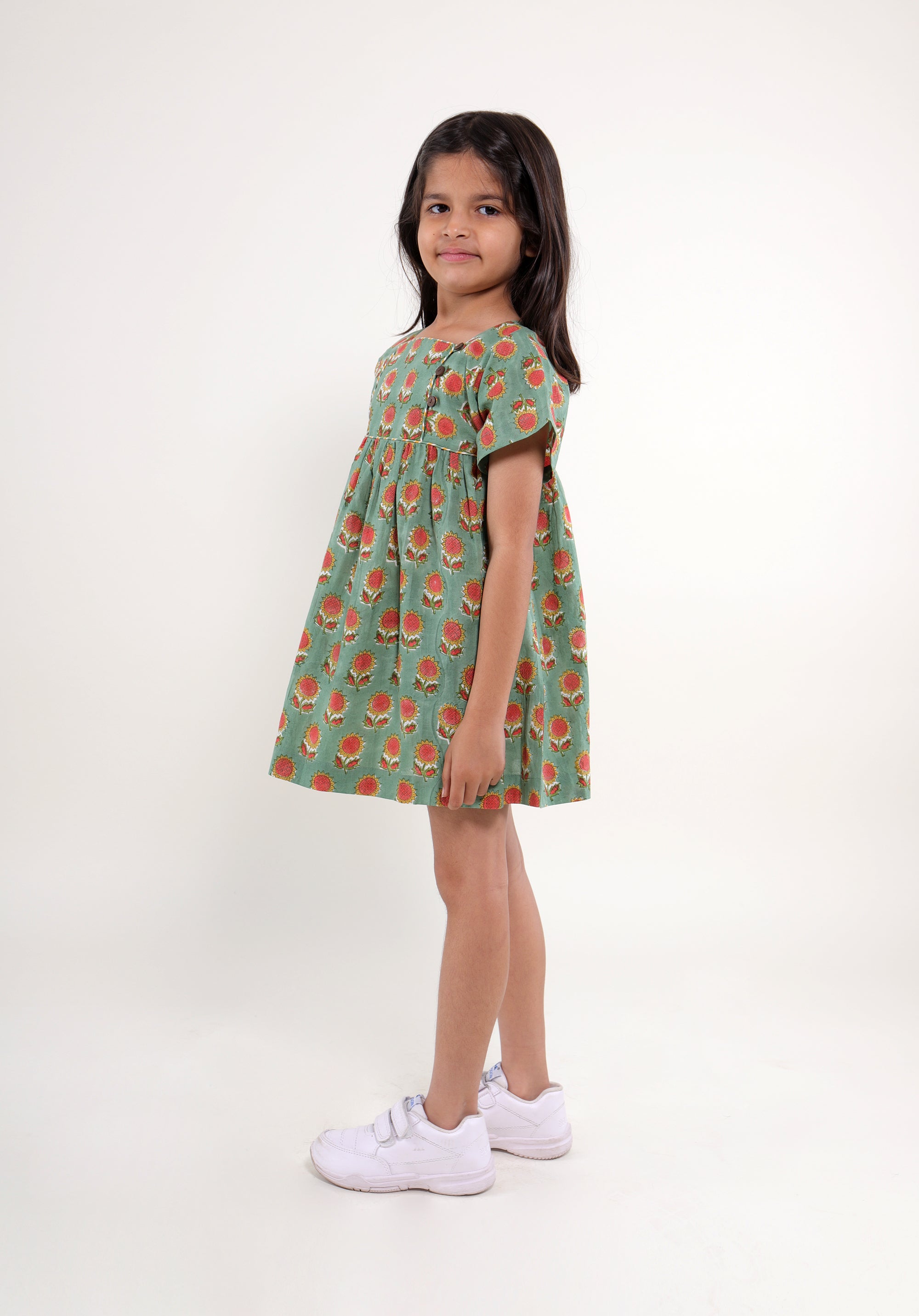 Girl's Block printed Dress Lila Sunflower Green