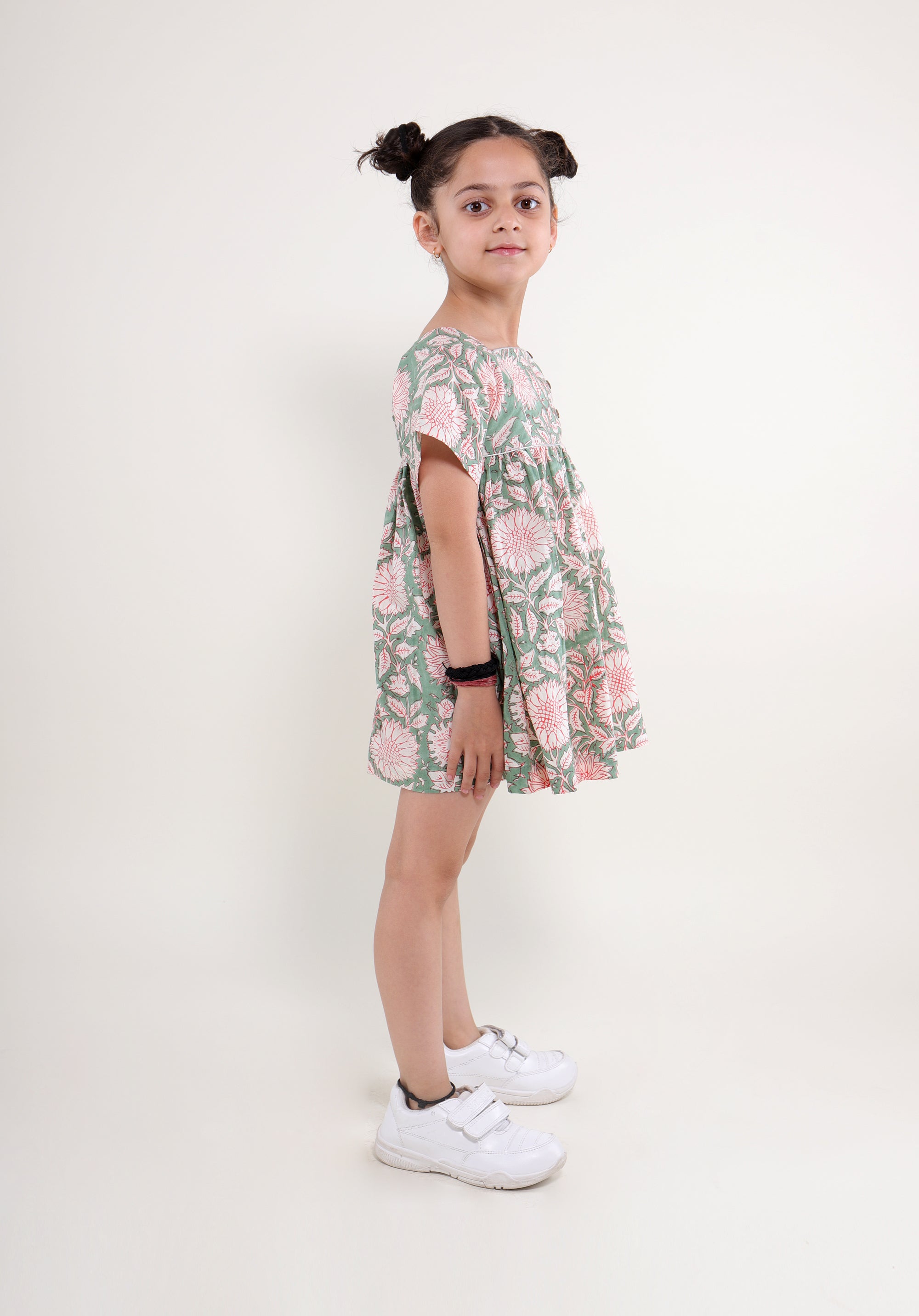 Girl's Block printed Dress Lila Floral Green