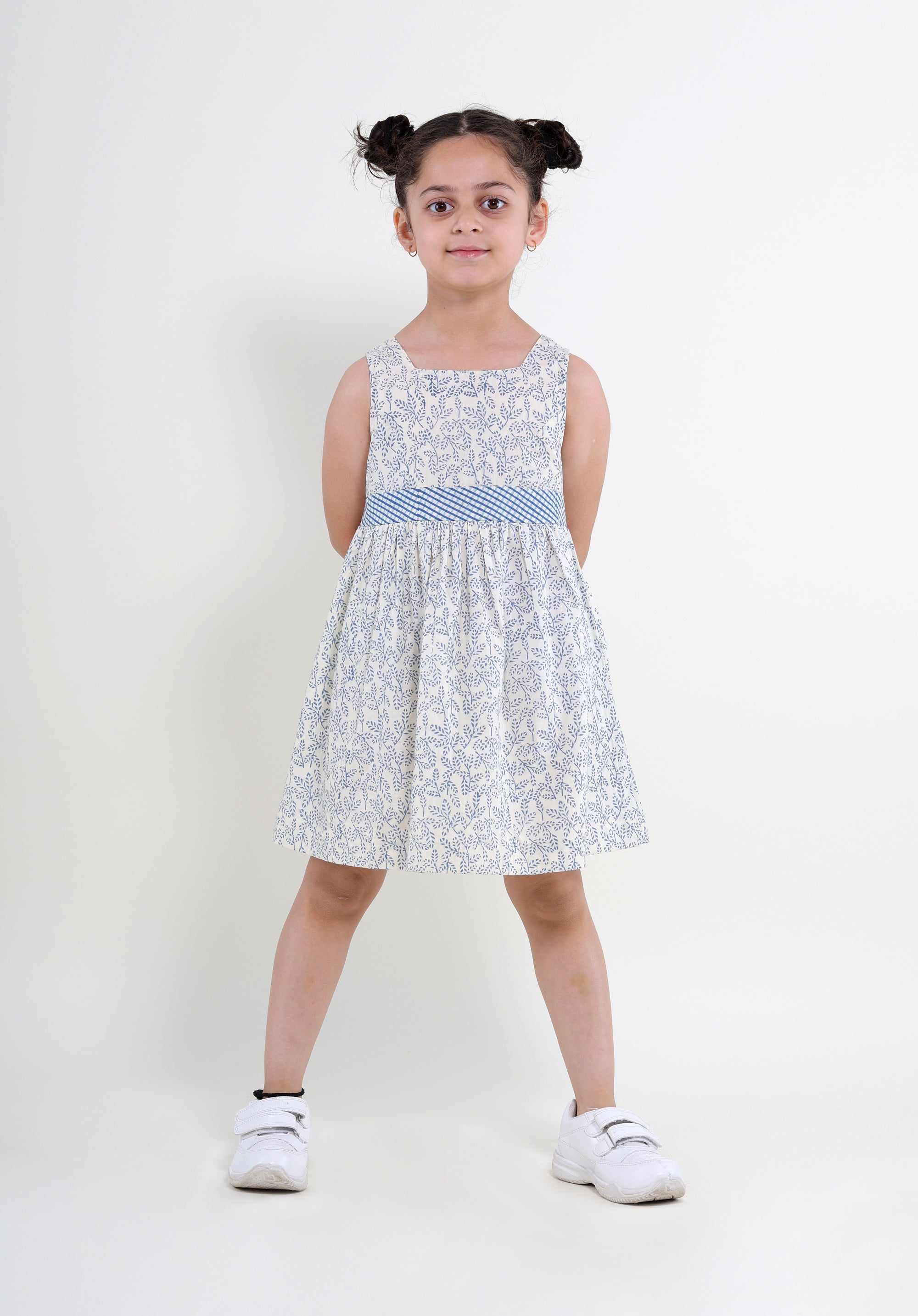 Girl's Block printed Fit and Flare Dress June Blue