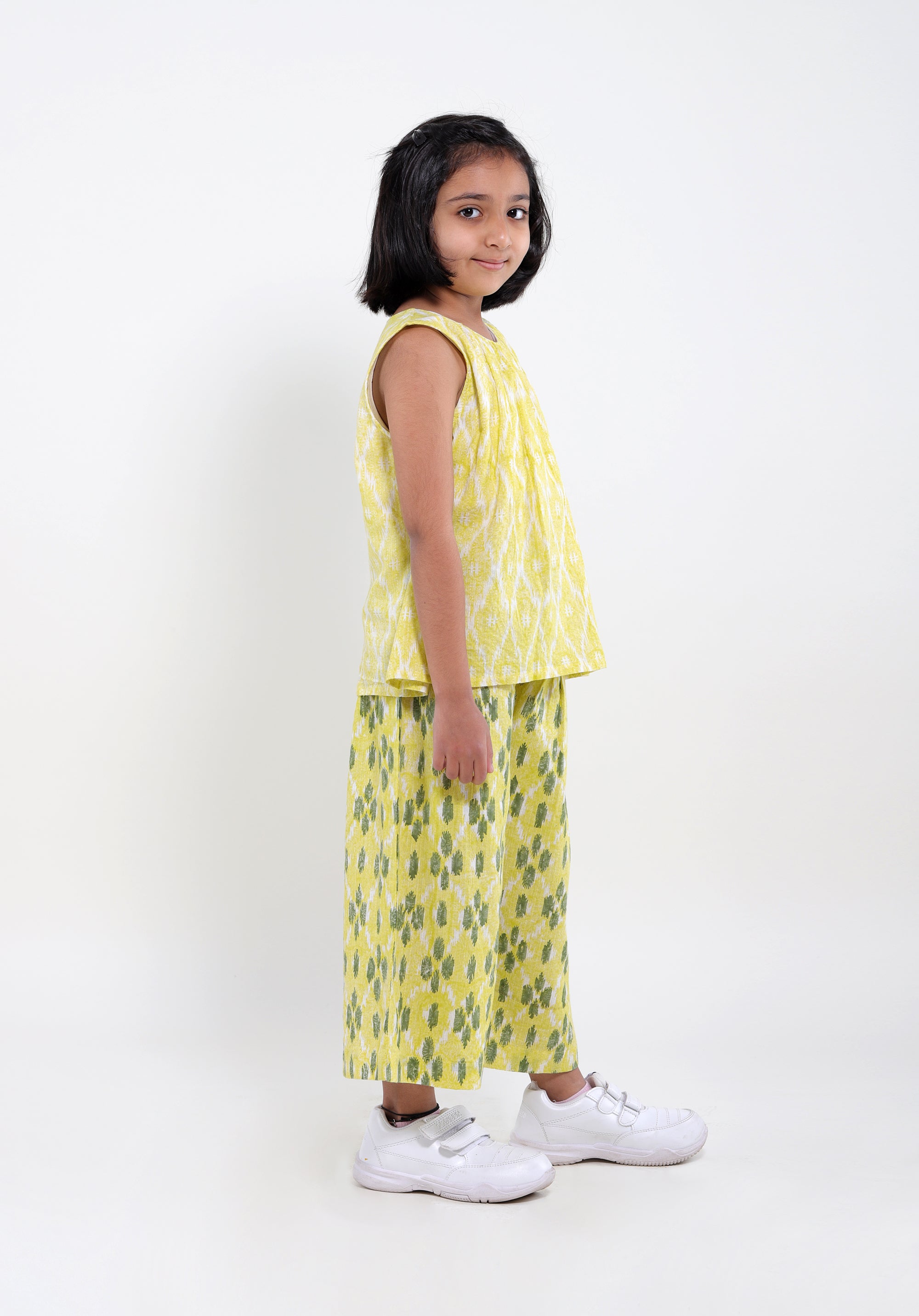 Girl's Co-Ord Set Ananya Top Pants Ikkat Kantha Yellow