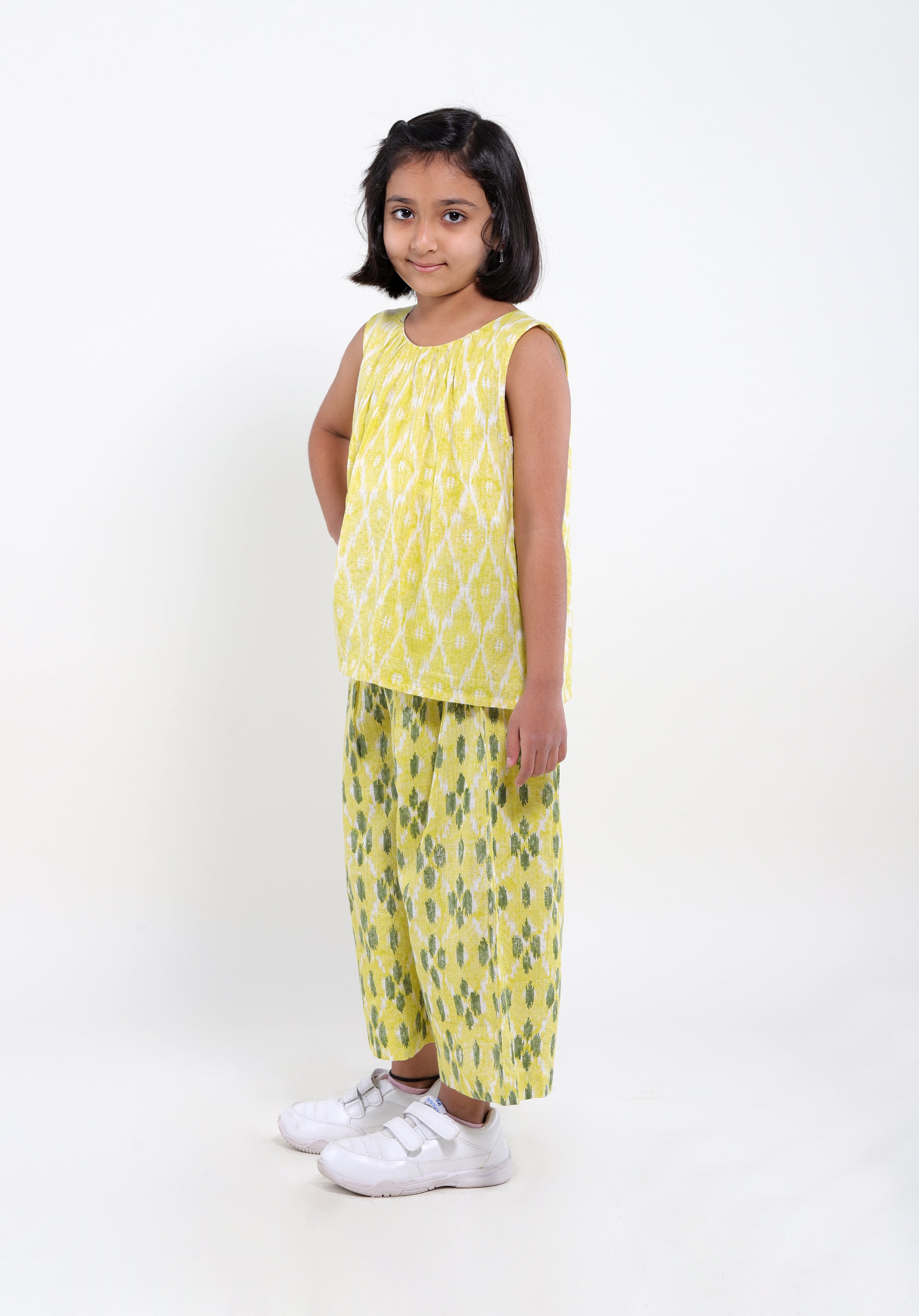 Girl's Co-Ord Set Ananya Top Pants Ikkat Kantha Yellow