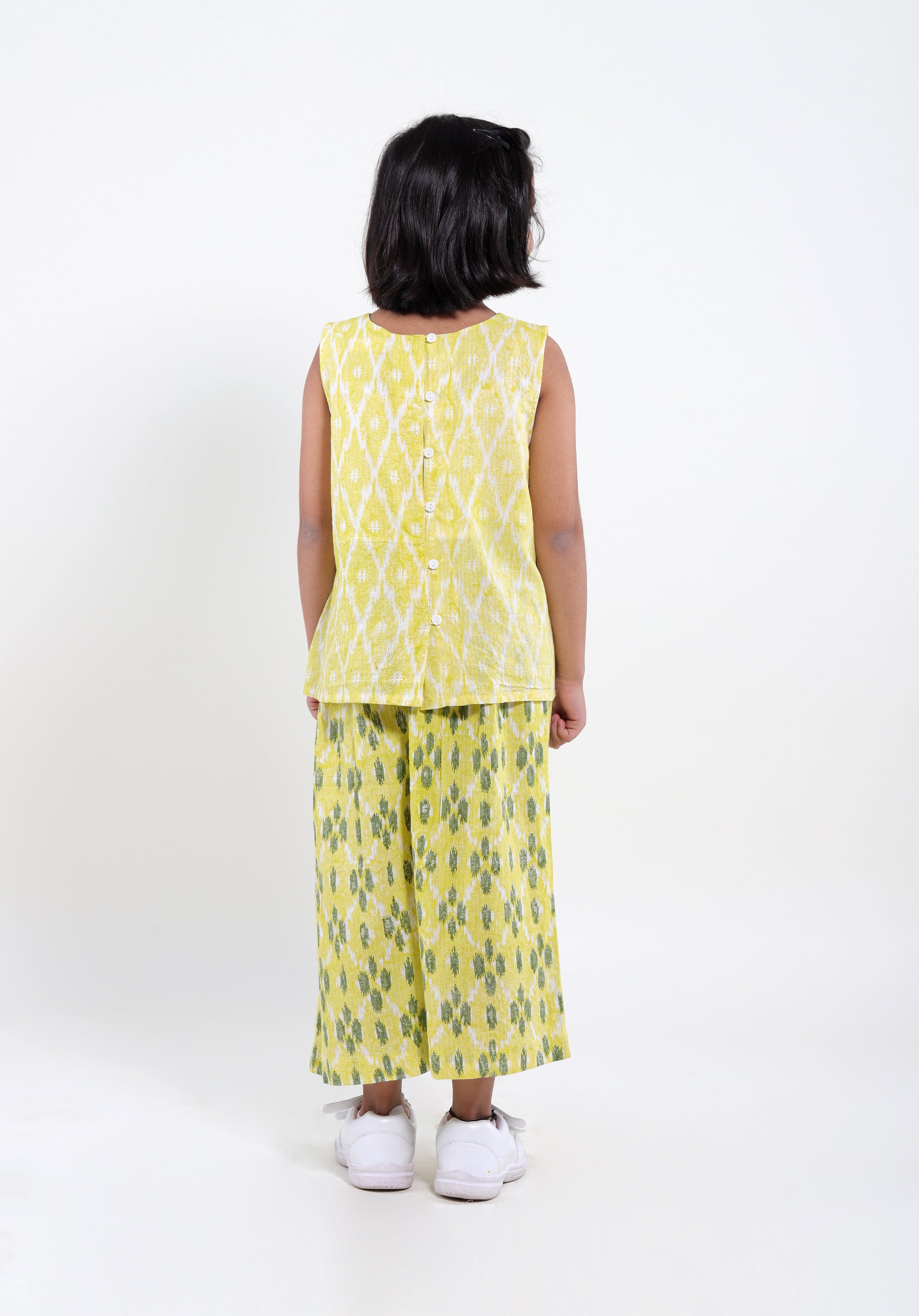 Girl's Co-Ord Set Ananya Top Pants Ikkat Kantha Yellow