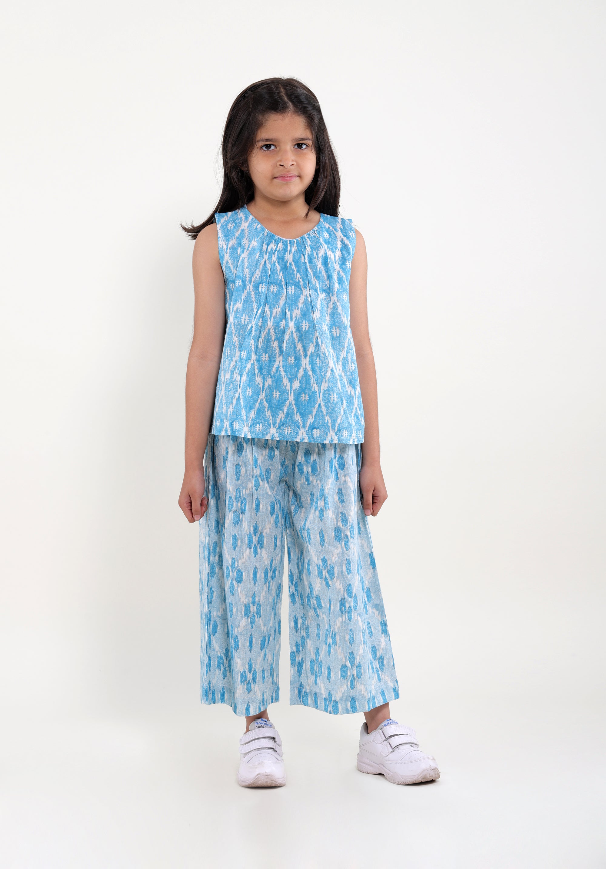 Girl's Co-Ord Set Ananya Top Pants Ikkat Kantha Blue