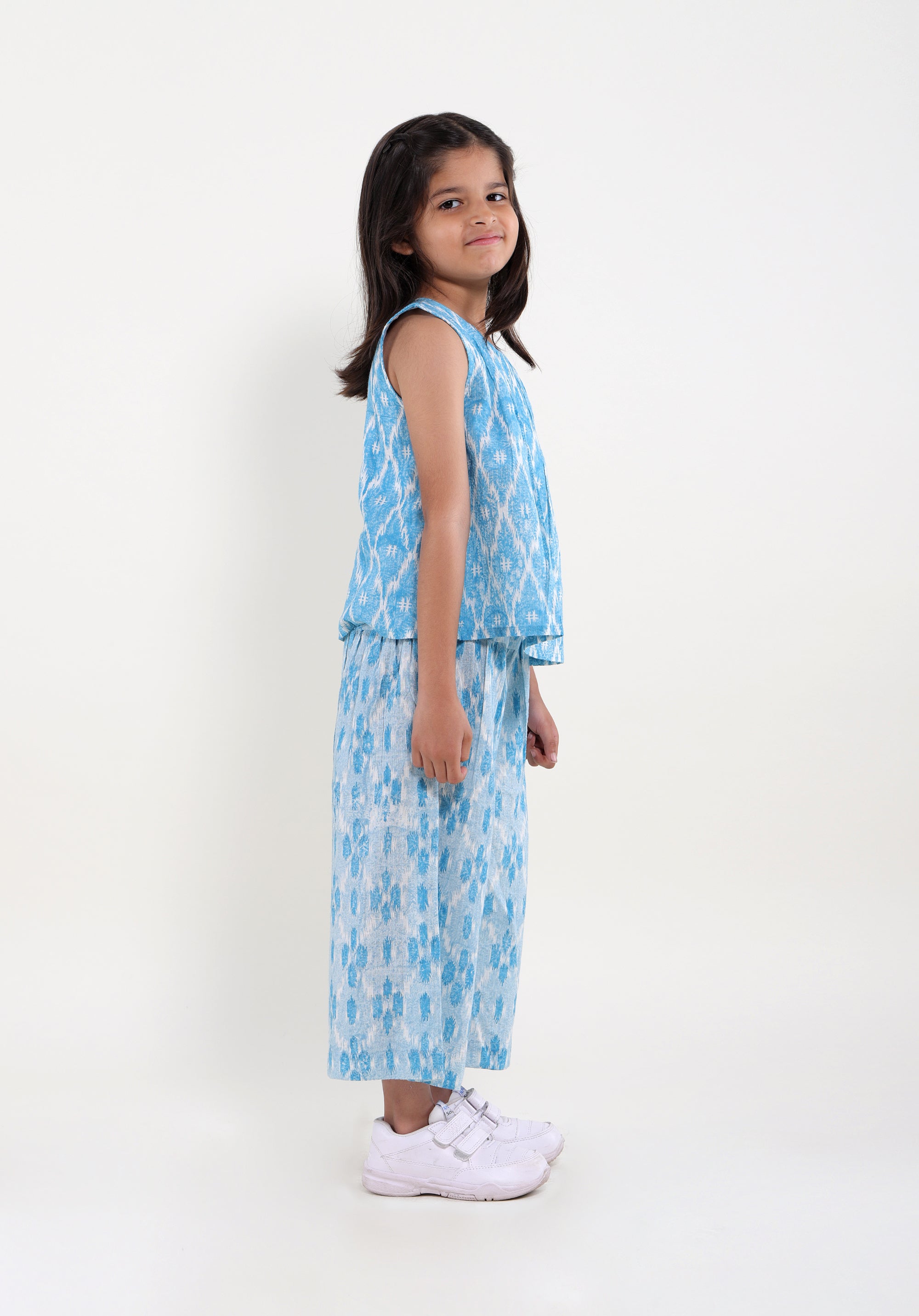 Girl's Co-Ord Set Ananya Top Pants Ikkat Kantha Blue