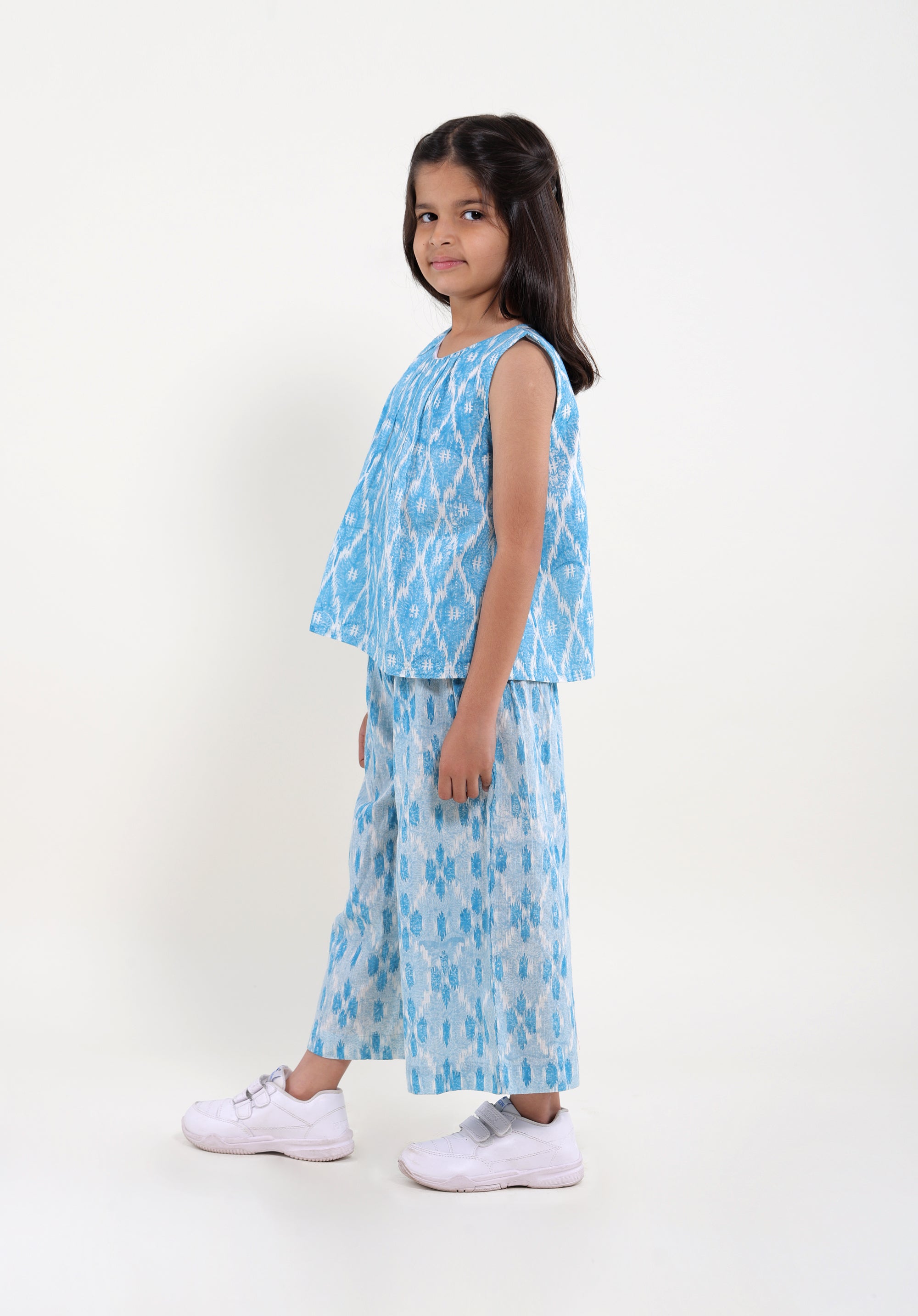 Girl's Co-Ord Set Ananya Top Pants Ikkat Kantha Blue