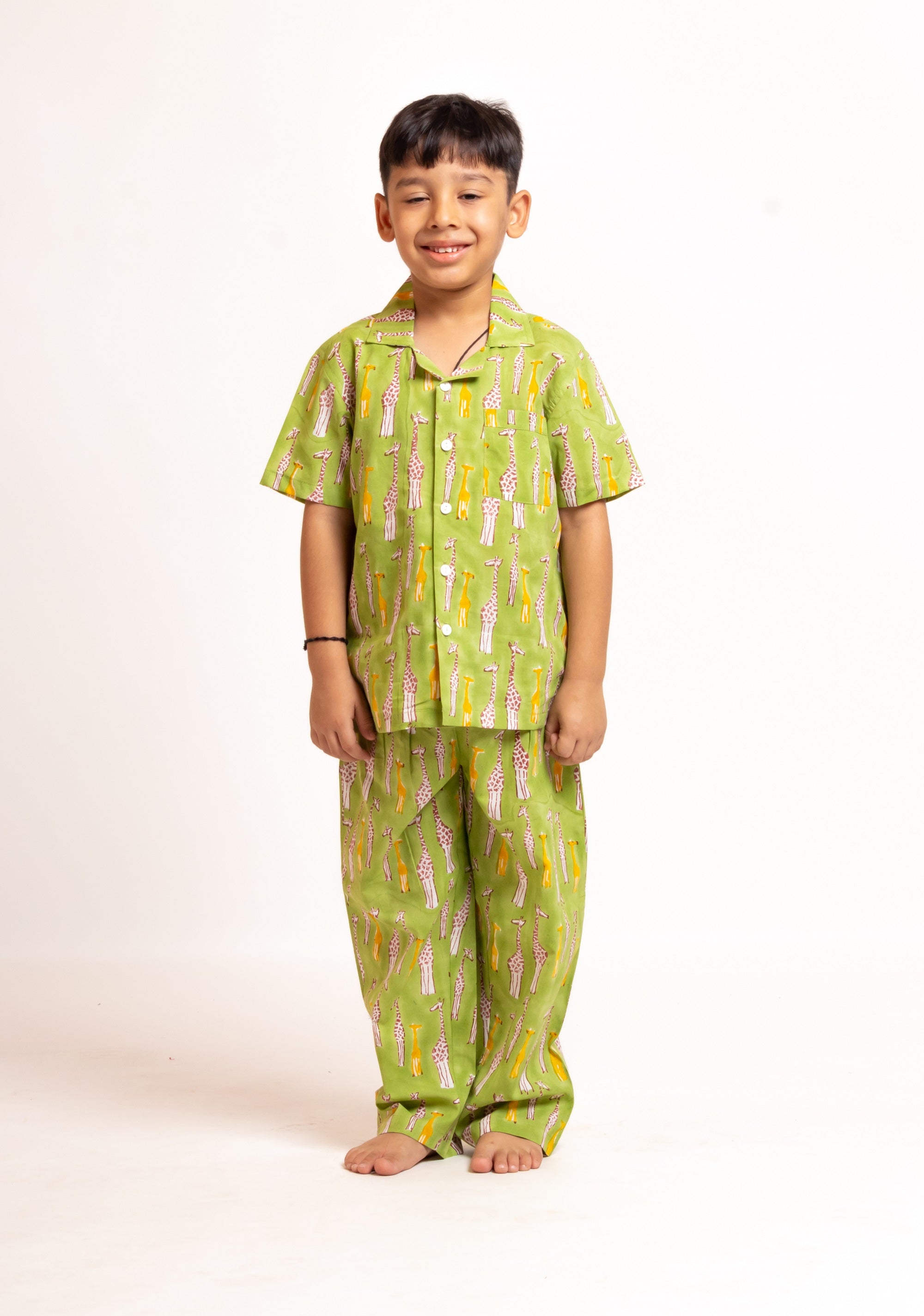 Block Printed Unisex Nightsuit set Giraffe Green