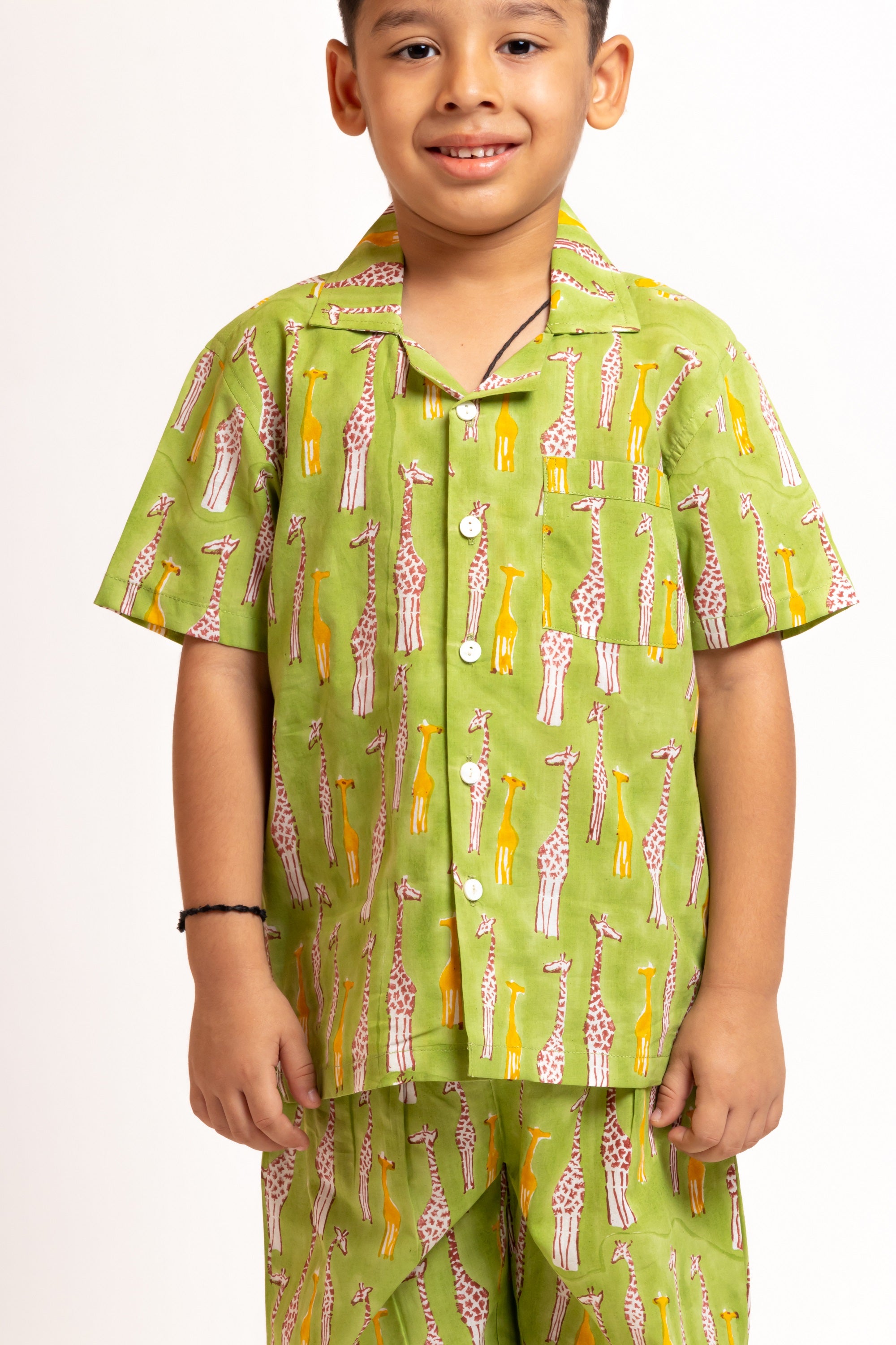 Block Printed Unisex Nightsuit set Giraffe Green