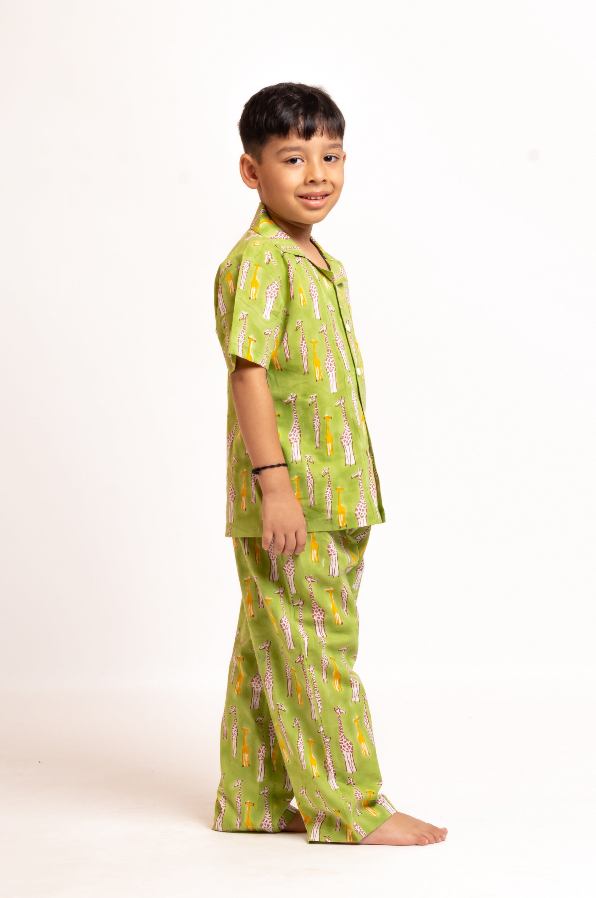 Block Printed Unisex Nightsuit set Giraffe Green